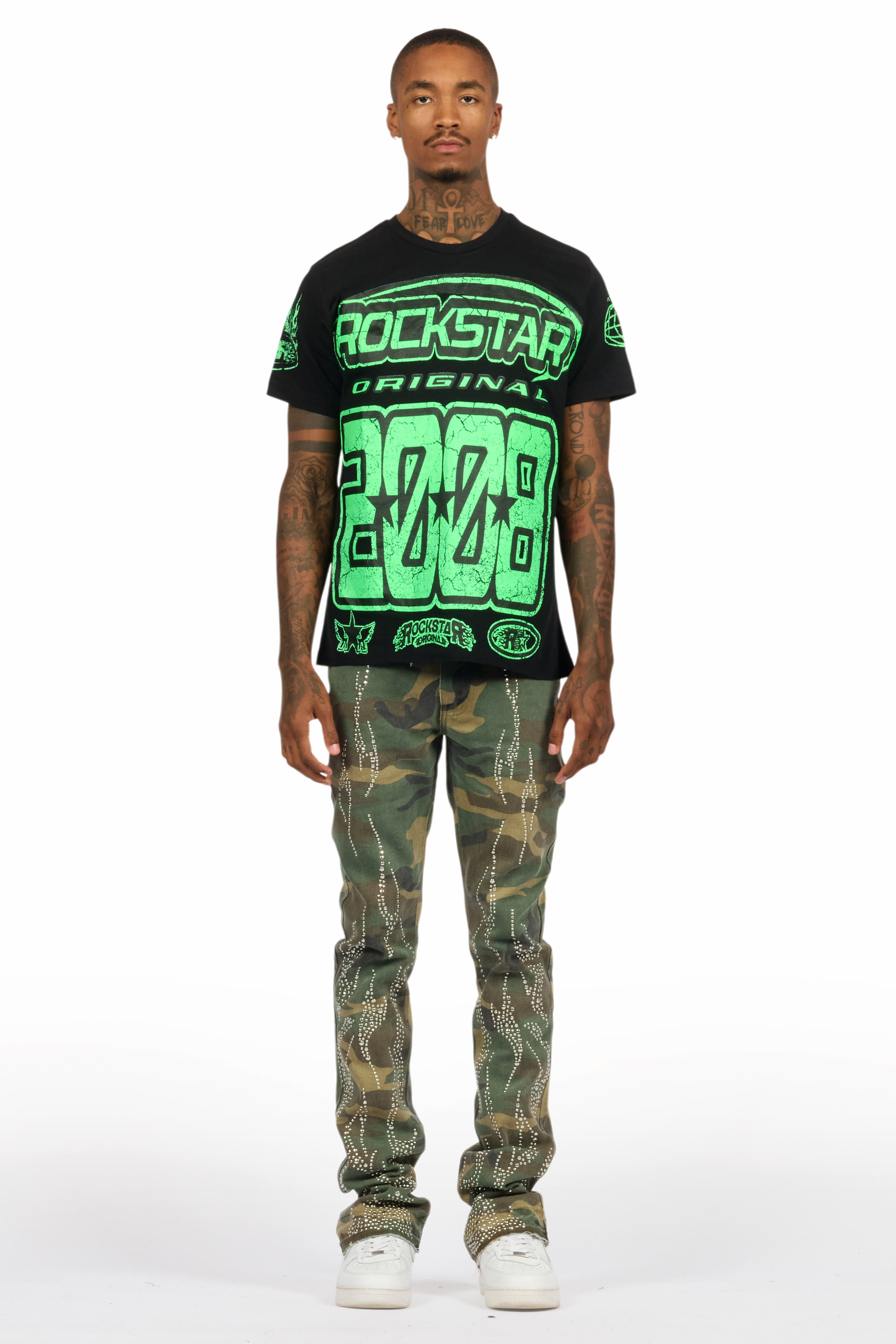 Tachi Camo Rhinestone Stacked Flare Jean