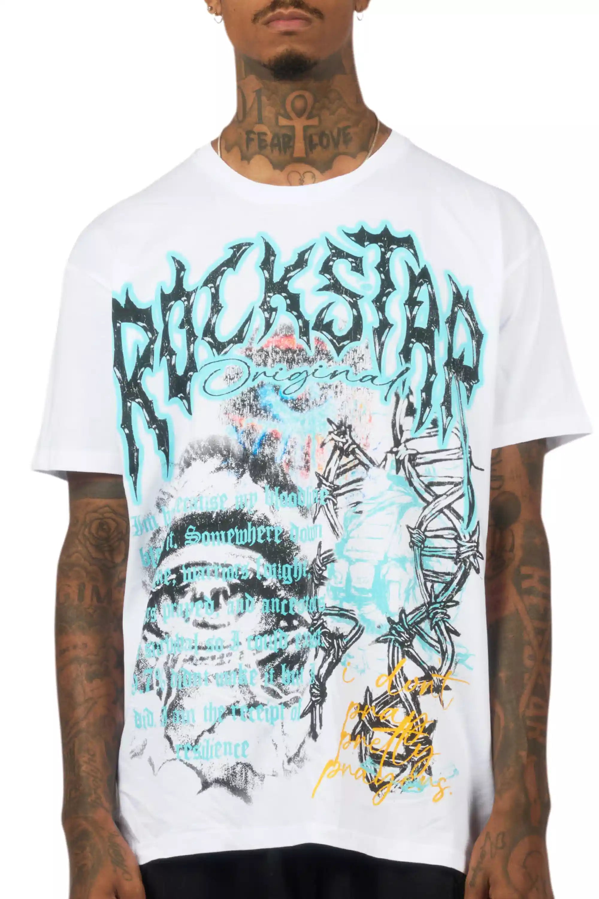 Drai White/Blue Oversized Graphic T-Shirt