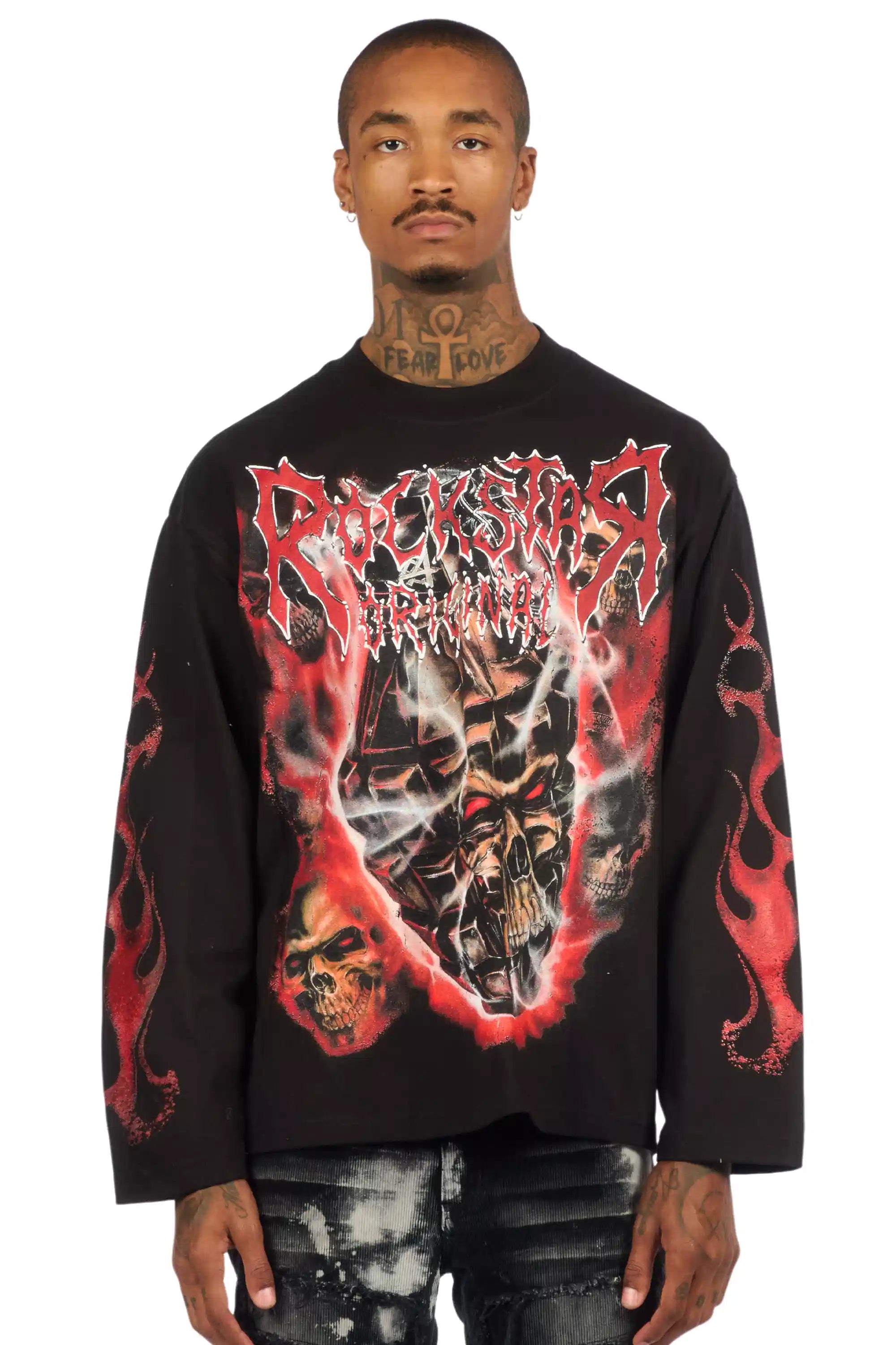 Torrez Black/Red Oversized Long Sleeve Graphic T-Shirt