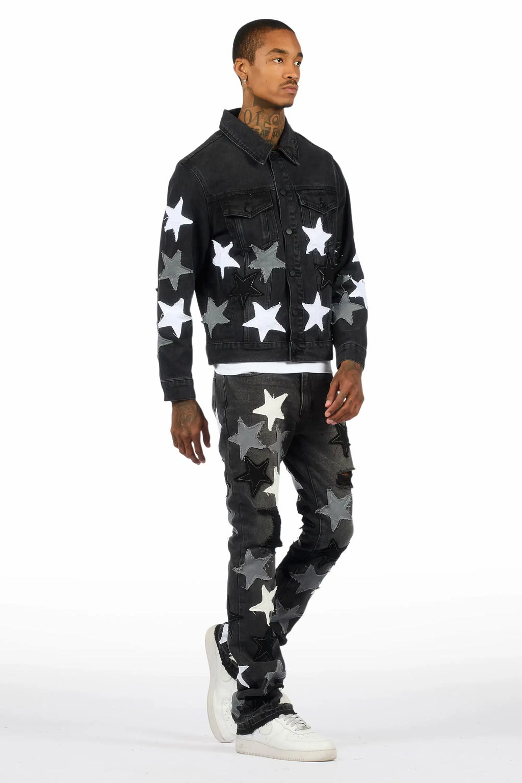 Starlane Jet Black Denim Jacket/Stacked Flare Jean Set