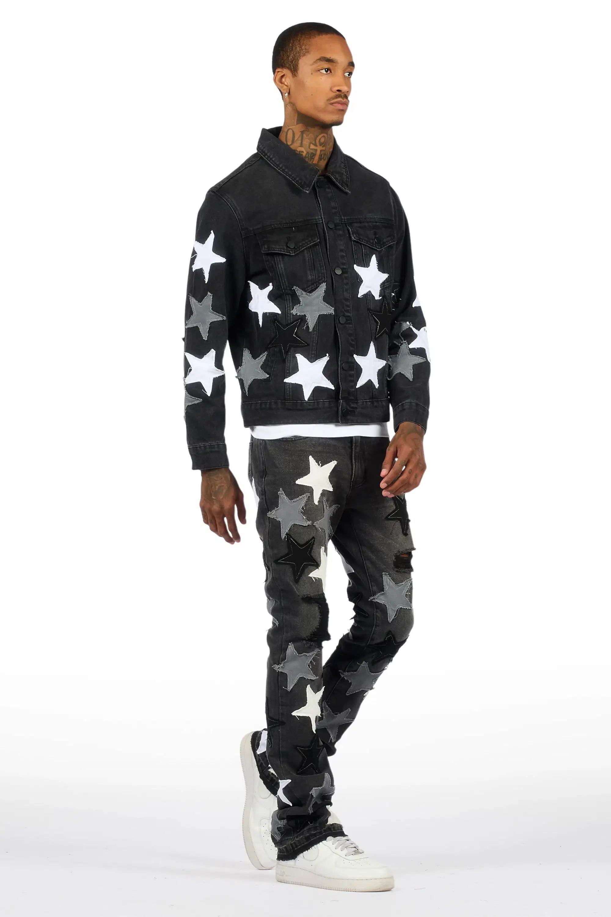 Starlane Jet Black Denim Jacket/Stacked Flare Jean Set