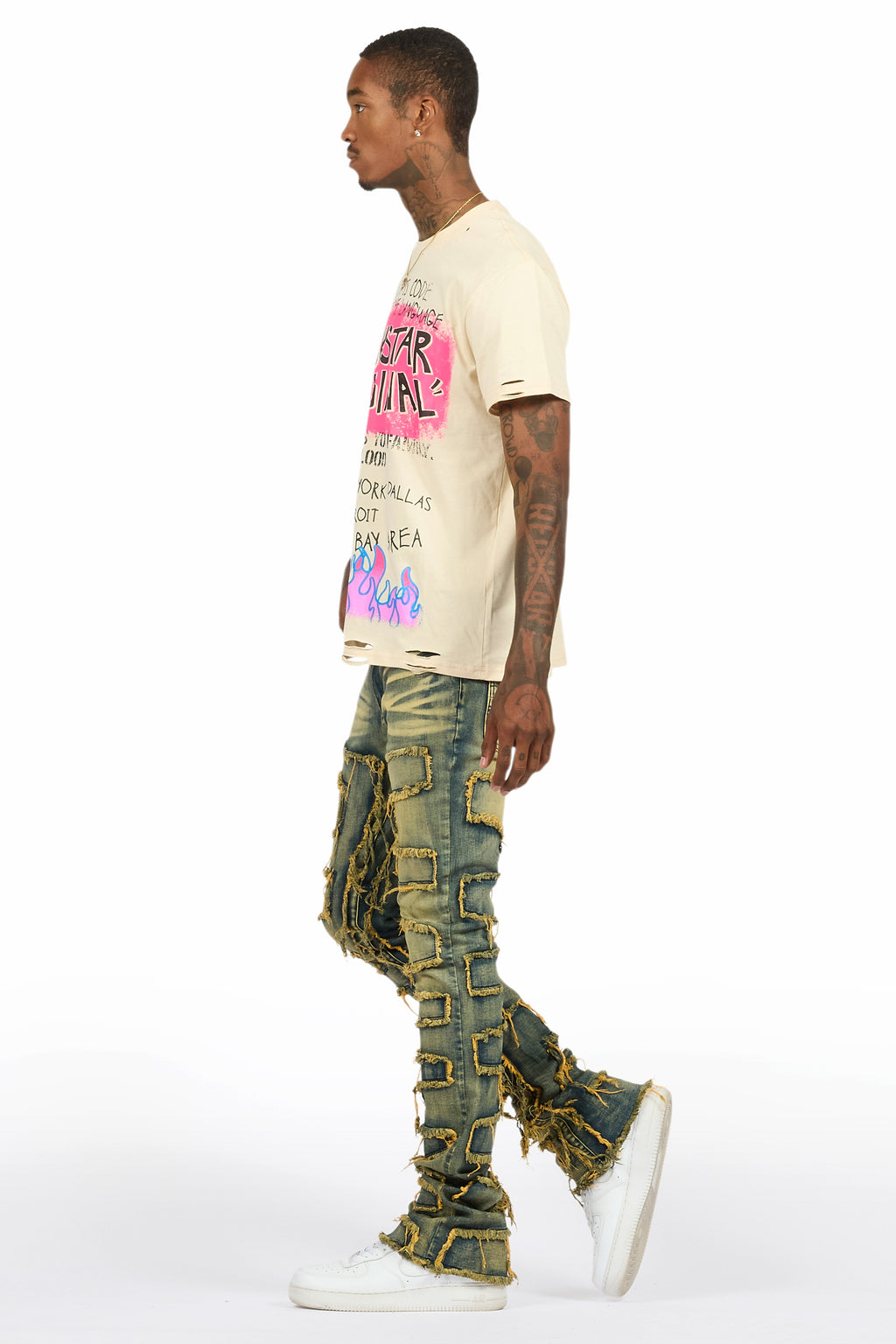 Beno Beige T-Shirt & Shake Tint Stacked Flare Jean Bundle
