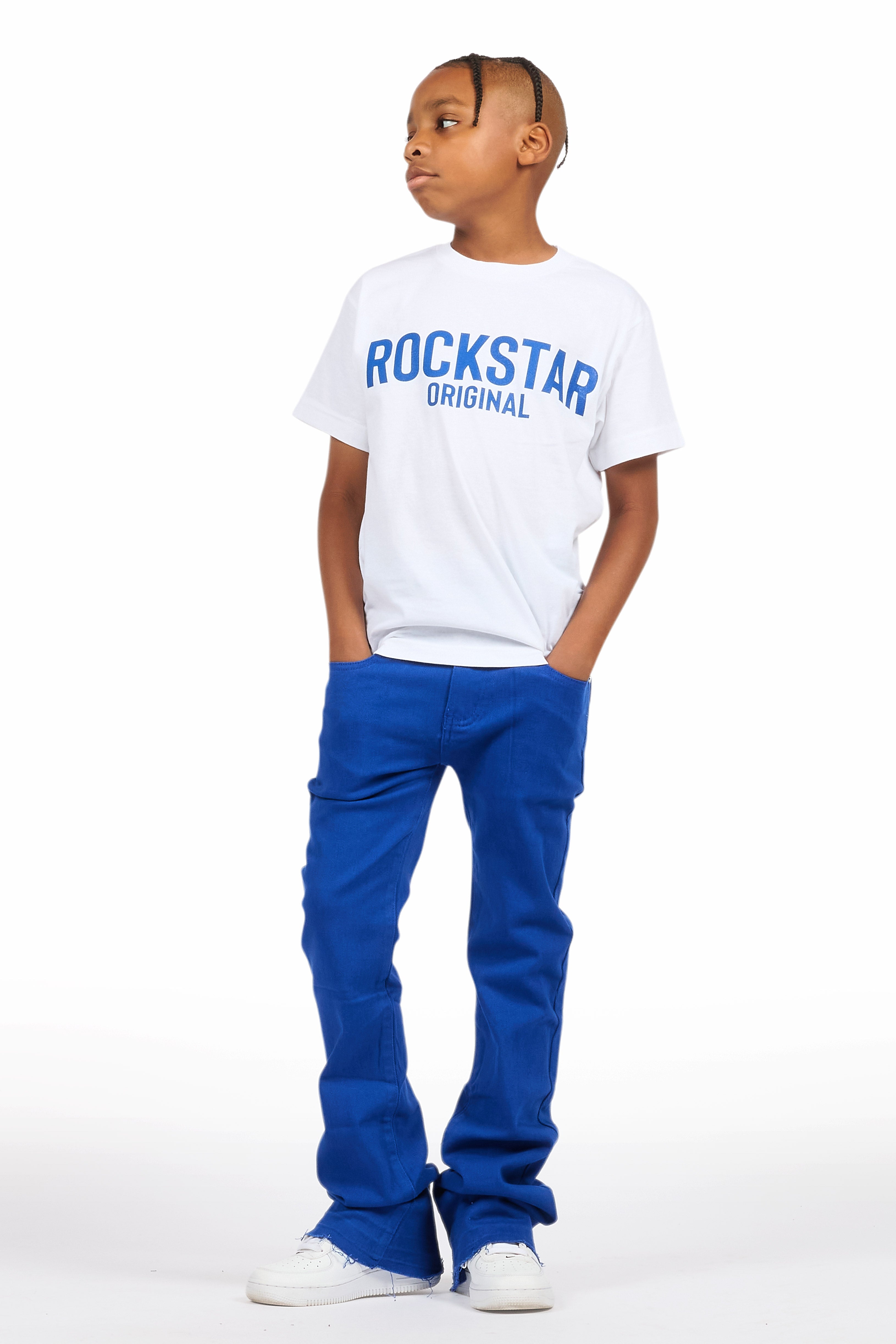 Boys Sana White/Royal T-Shirt/Dag Stacked Flare Jean Set
