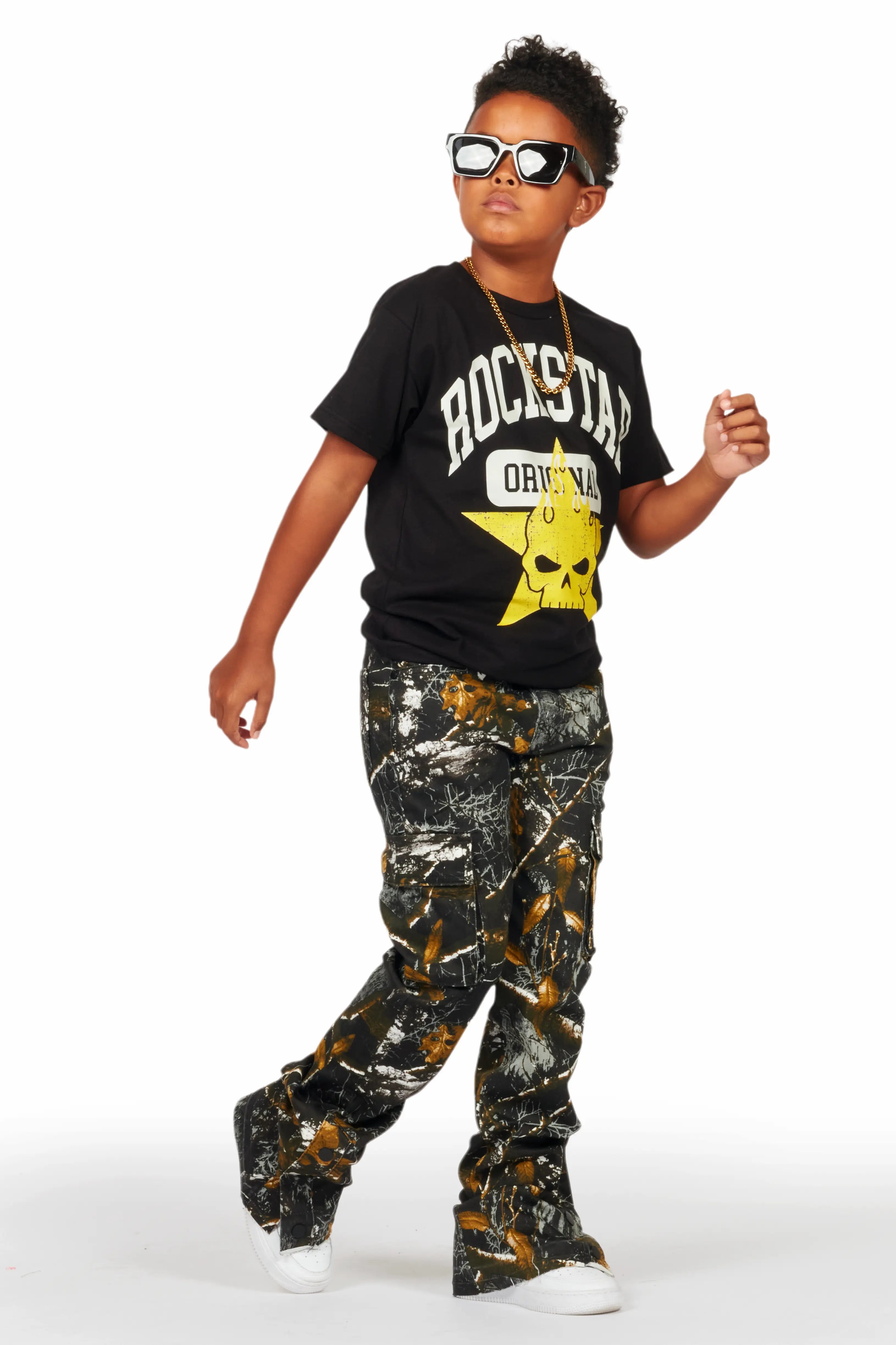 Boys Waage Black Tree Camo Stacked Flare Cargo Jean