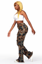 Khadiyah Black Animal Print Tapestry Stacked Pant