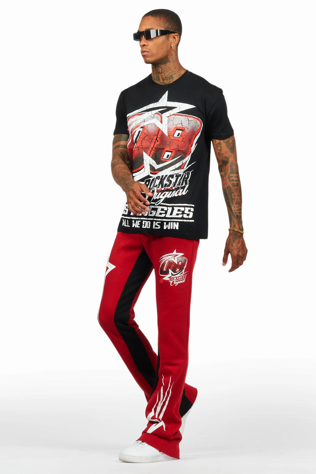 Kastell Black/Burgundy T-Shirt/Stacked Baggy Track Pant Set