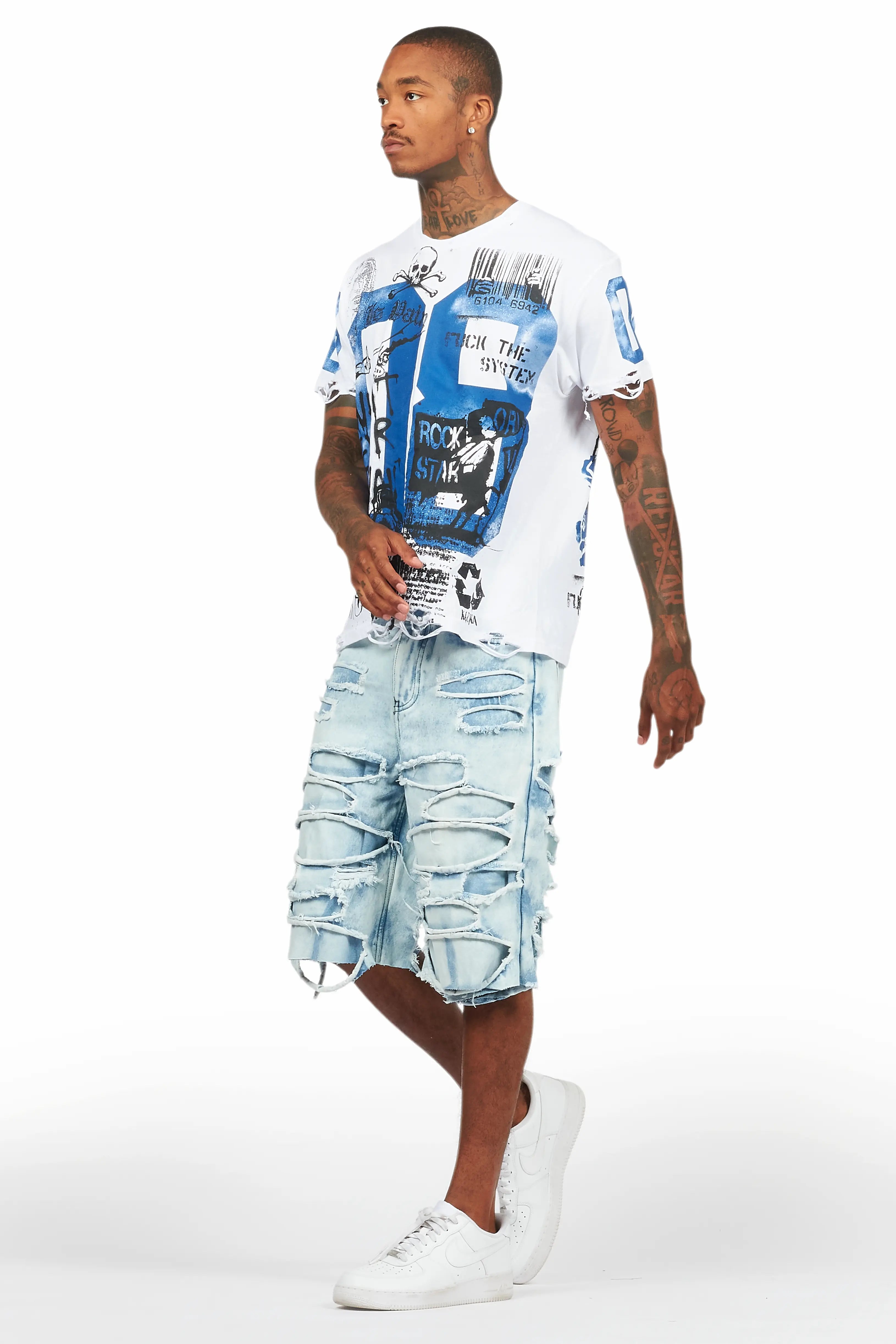 Grill White/Blue T-Shirt/Denim Short Set