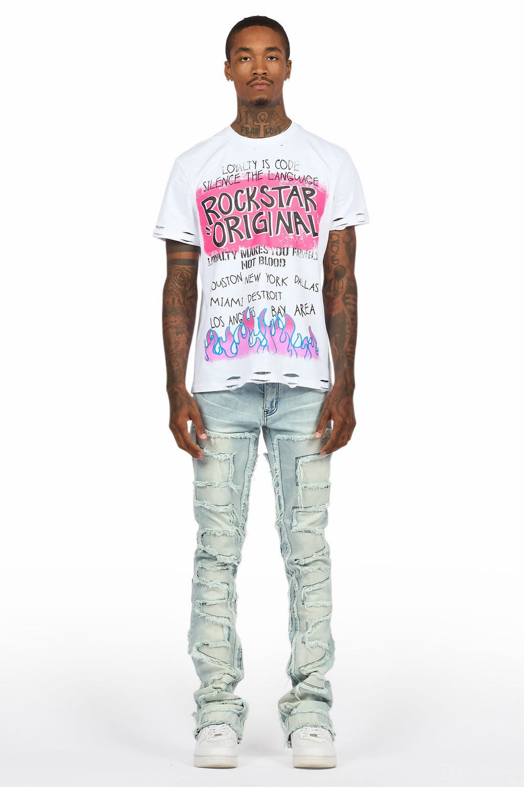 Beno White T-Shirt & Shake Blue Stacked Flare Jean Bundle