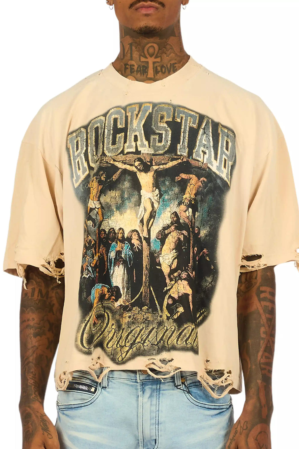 Waller Beige/Blue Boxy Crop T-Shirt