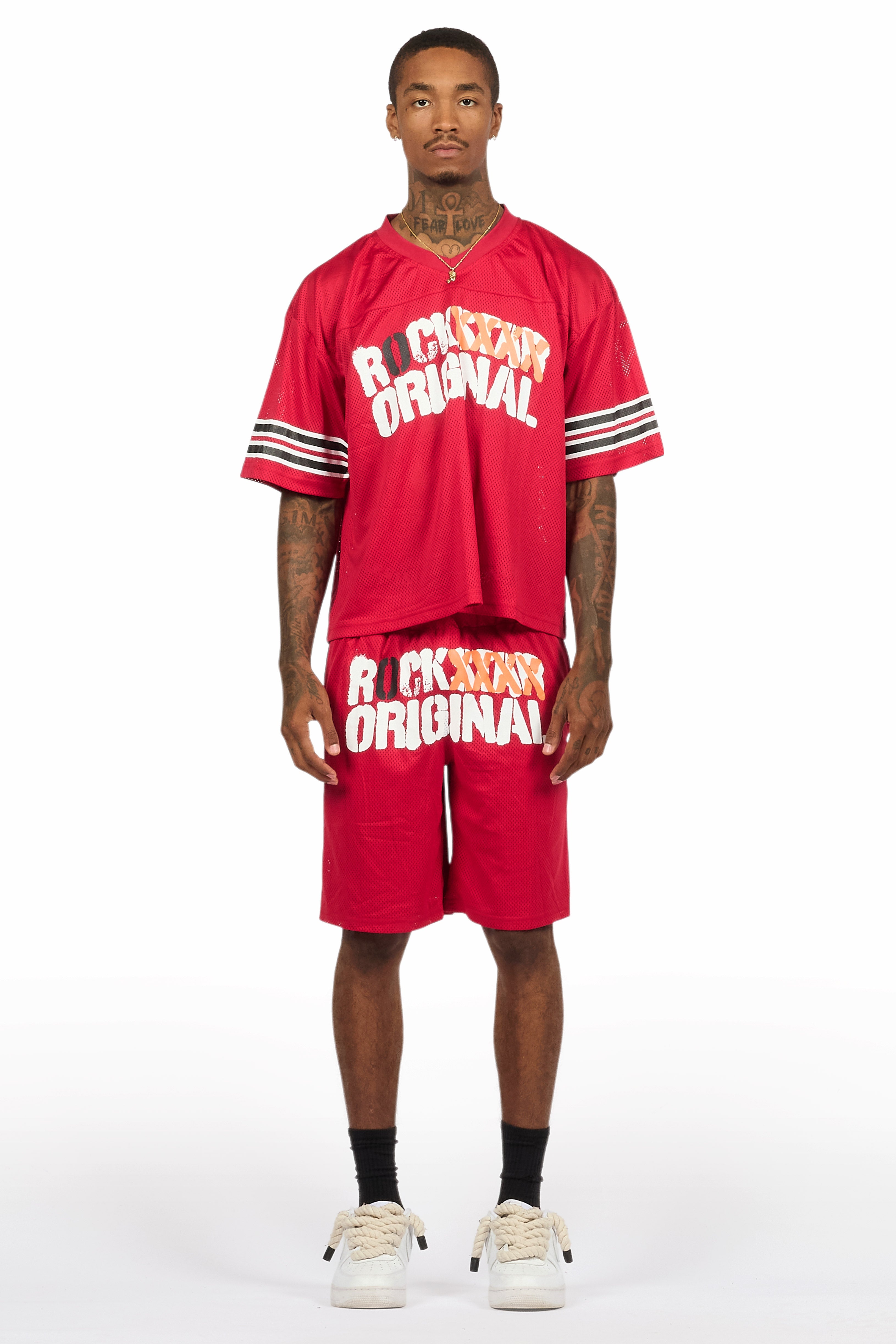 Crown Red Mesh Jersey Short Set