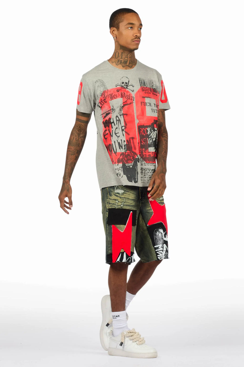 Grill Heather Grey/Red T-Shirt/Denim Short Set