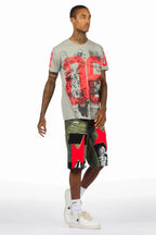 Grill Heather Grey/Red T-Shirt/Denim Short Set