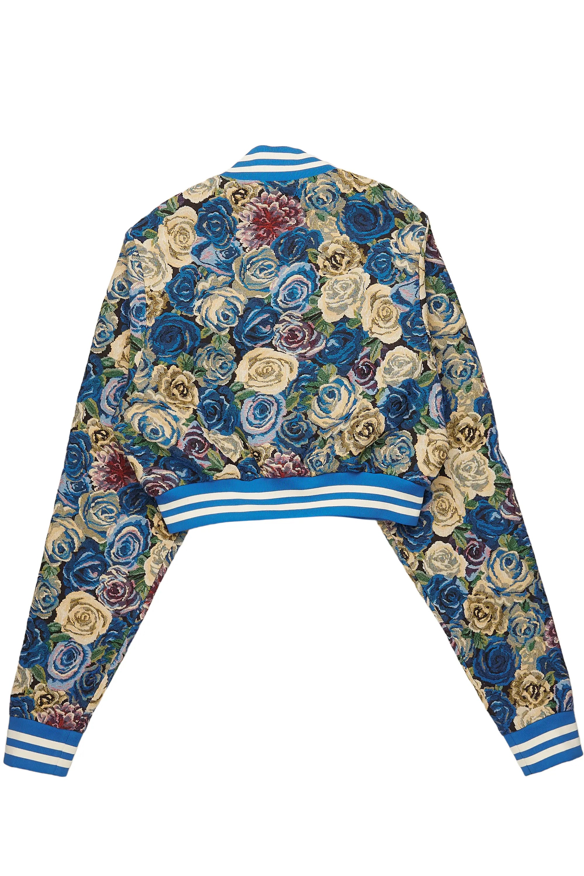 Kyiori Blue Crop Tapestry Varsity Jacket
