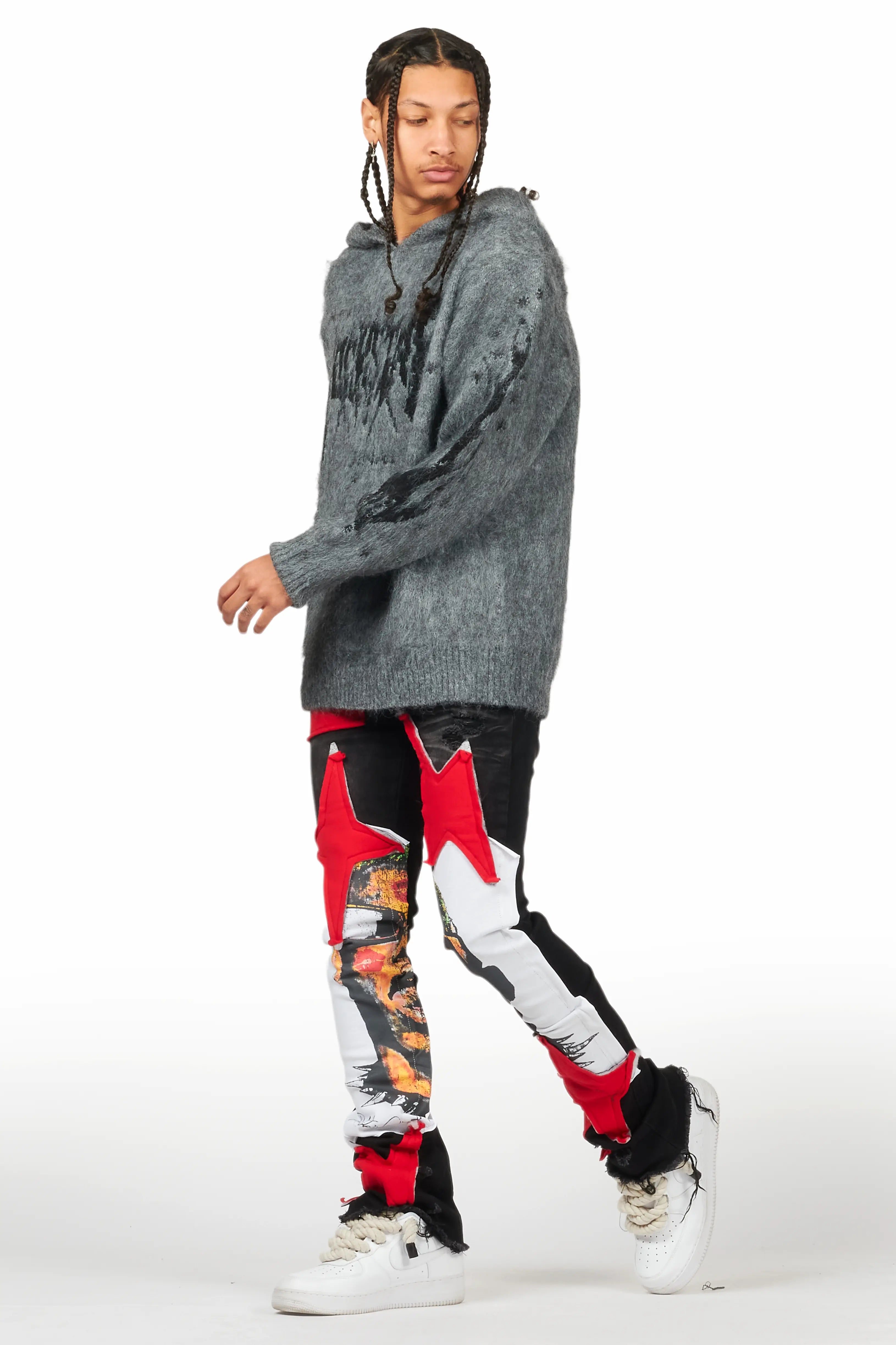 Savage Black/Red Patchwork Stacked Flare Jean