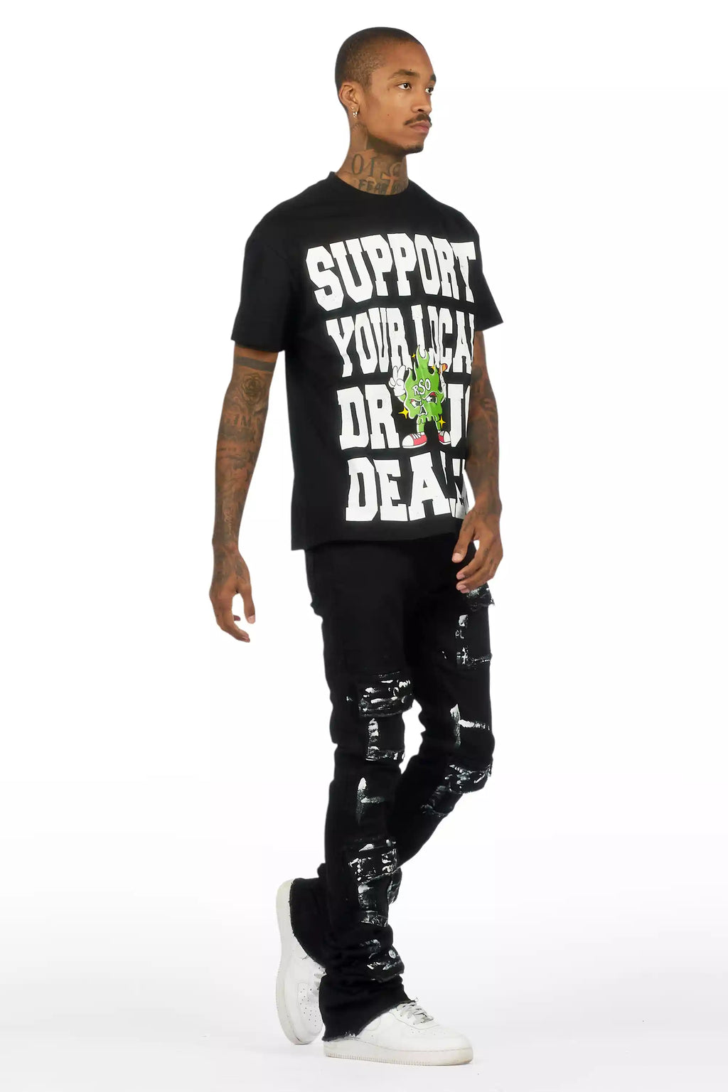 Tarl Black Oversized T-Shirt/Painted Super Stacked Flare Jean Bundle