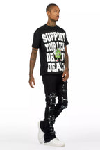 Tarl Black Oversized T-Shirt/Painted Super Stacked Flare Jean Bundle