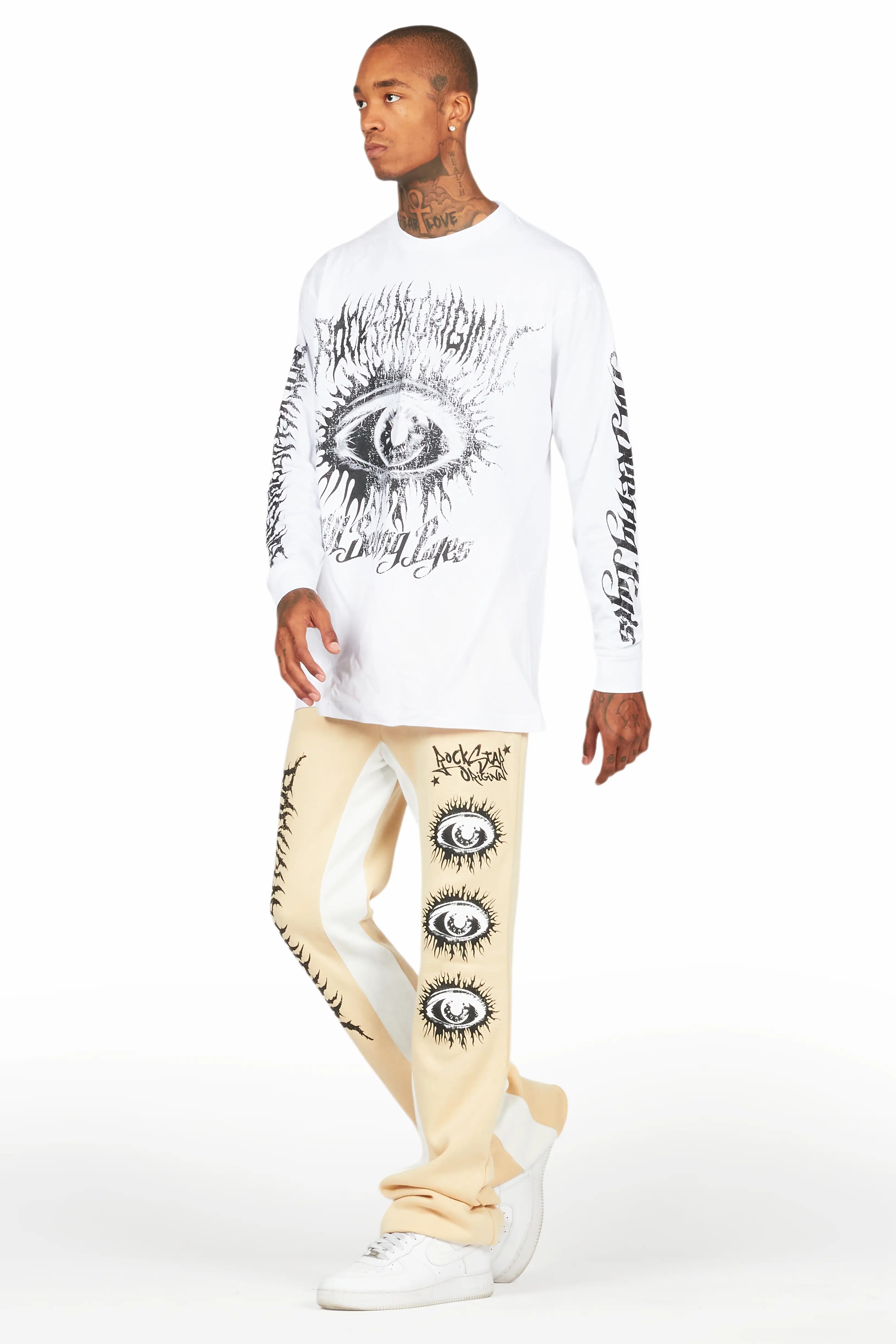 All Seeing Eyes White/Beige Long Sleeve T-Shirt/Baggy Pant Set