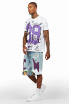 Nesta White/Purple T-Shirt/Denim Short Set