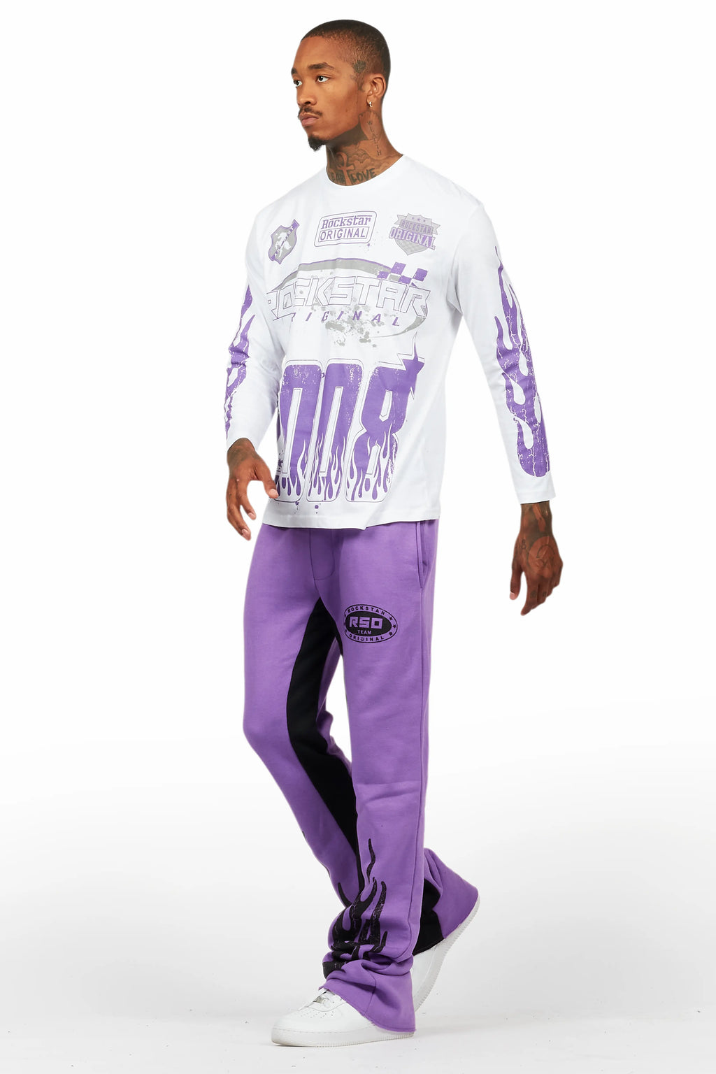 Amos Purple/White Long Sleeve T-Shirt/Stacked Baggy Pant Set
