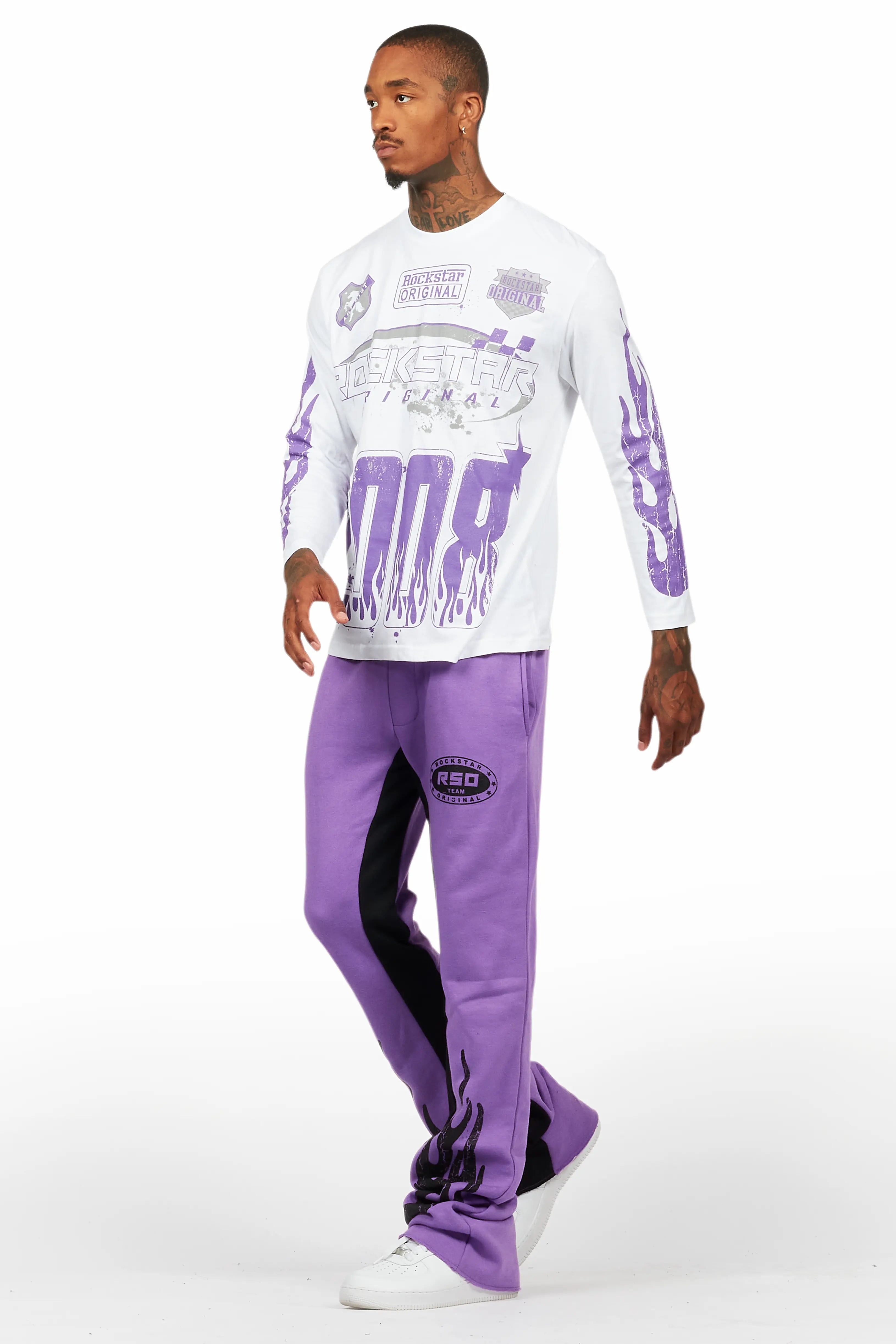 Amos Purple/White Long Sleeve T-Shirt/Stacked Baggy Pant Set
