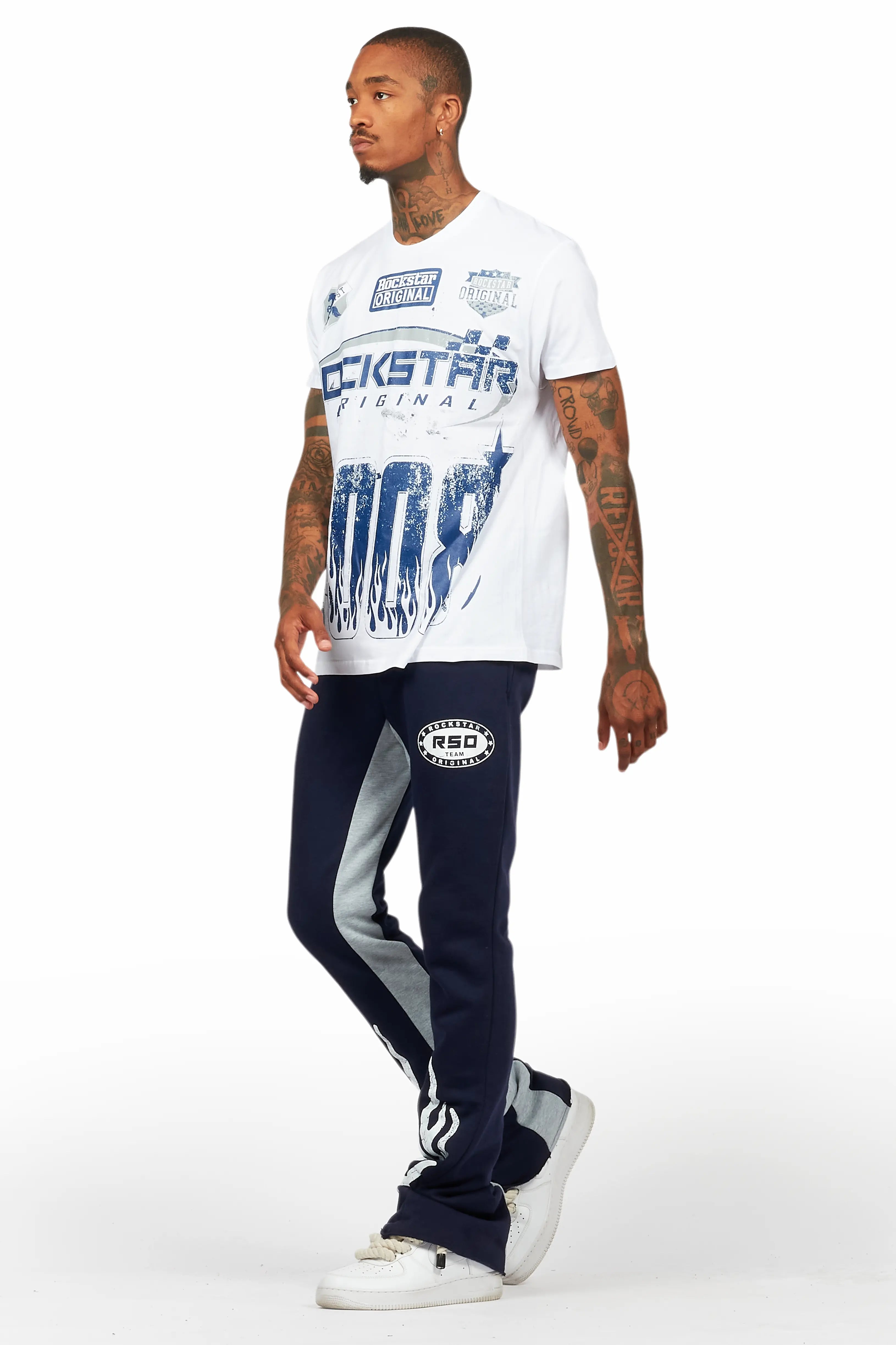 Amos White/Navy T-Shirt/Stacked Baggy Track Pant Set