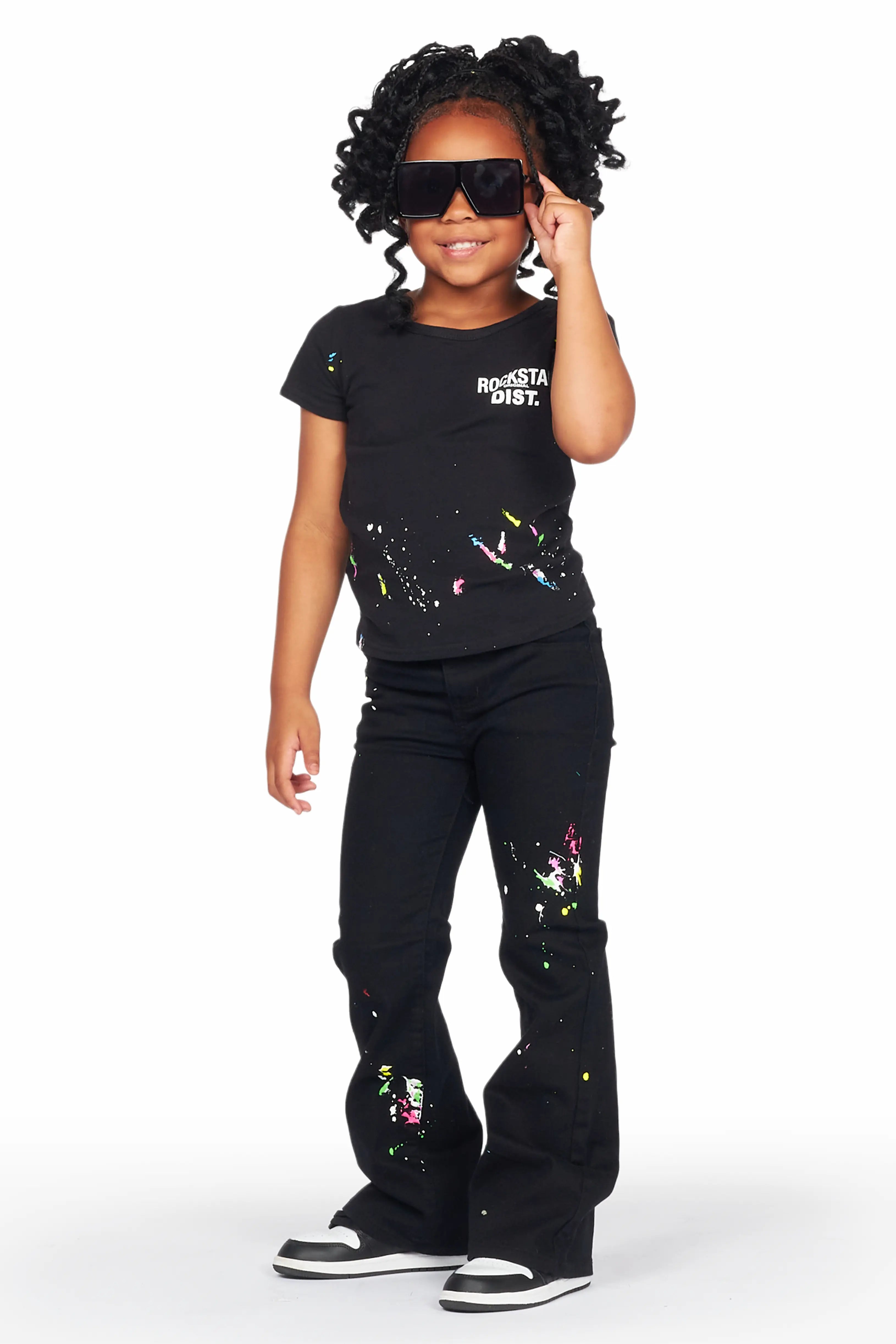 Girls Kalah Black T-Shirt Flare Jean Set