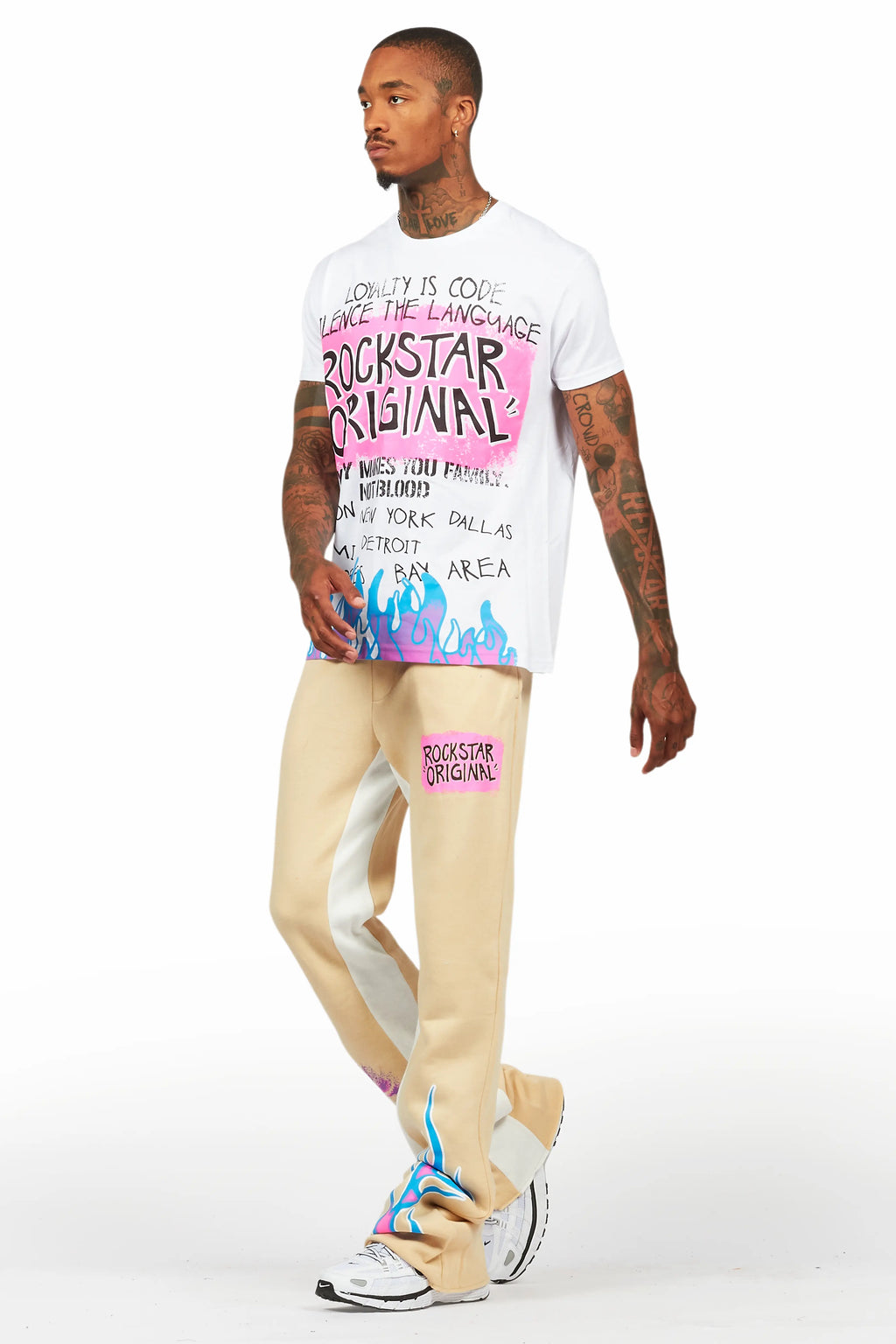 Beno White/Beige T-Shirt/Baggy Stacked Pant Set