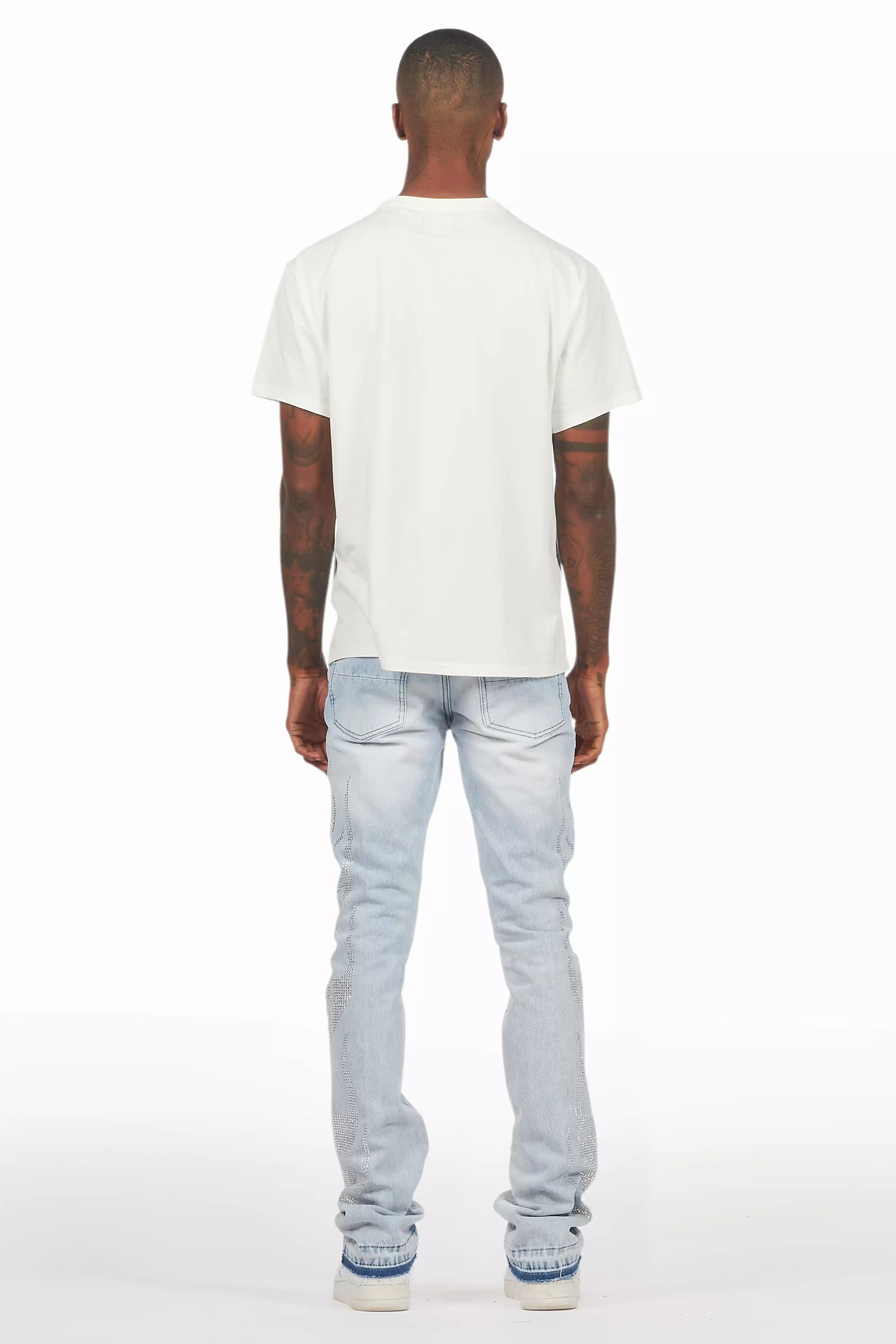 Jian Light Blue Rhinestone Stacked Flare Jean