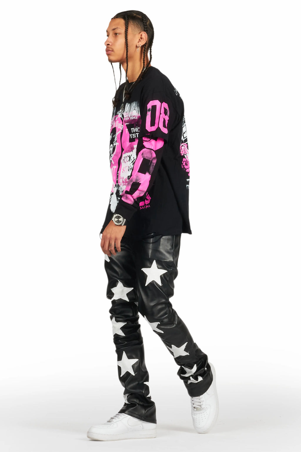 Steen Black PU Stacked Flare Jean