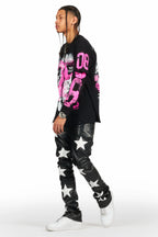 Steen Black PU Stacked Flare Jean