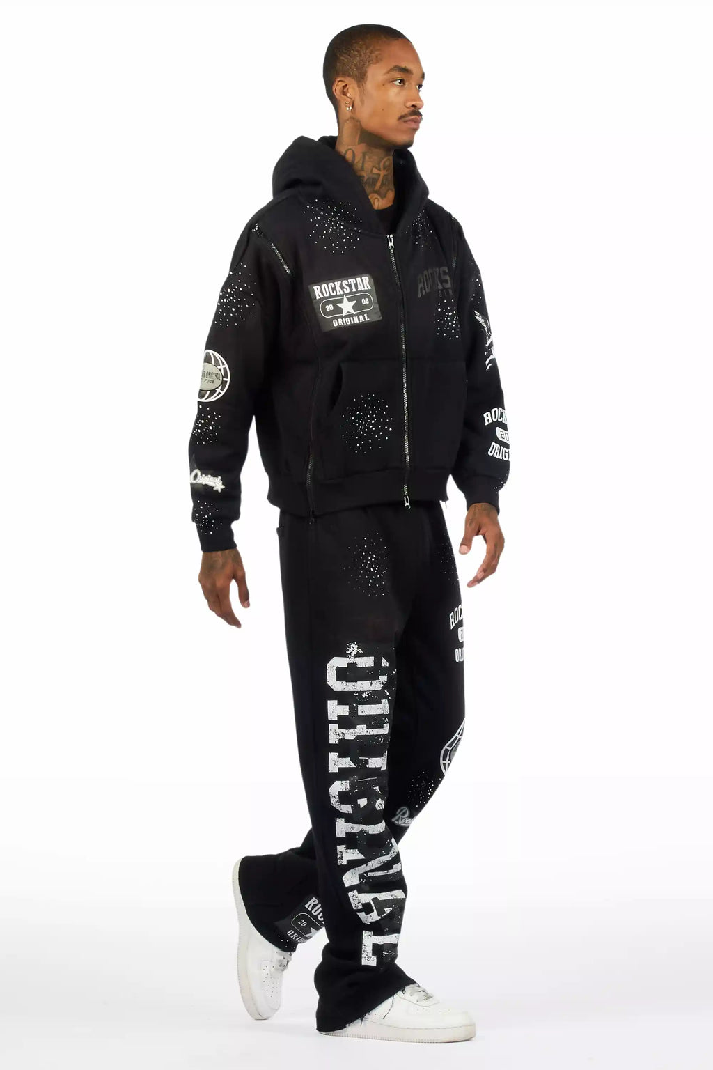 Gutta Black Rhinestone Hoodie Relaxed Track Set