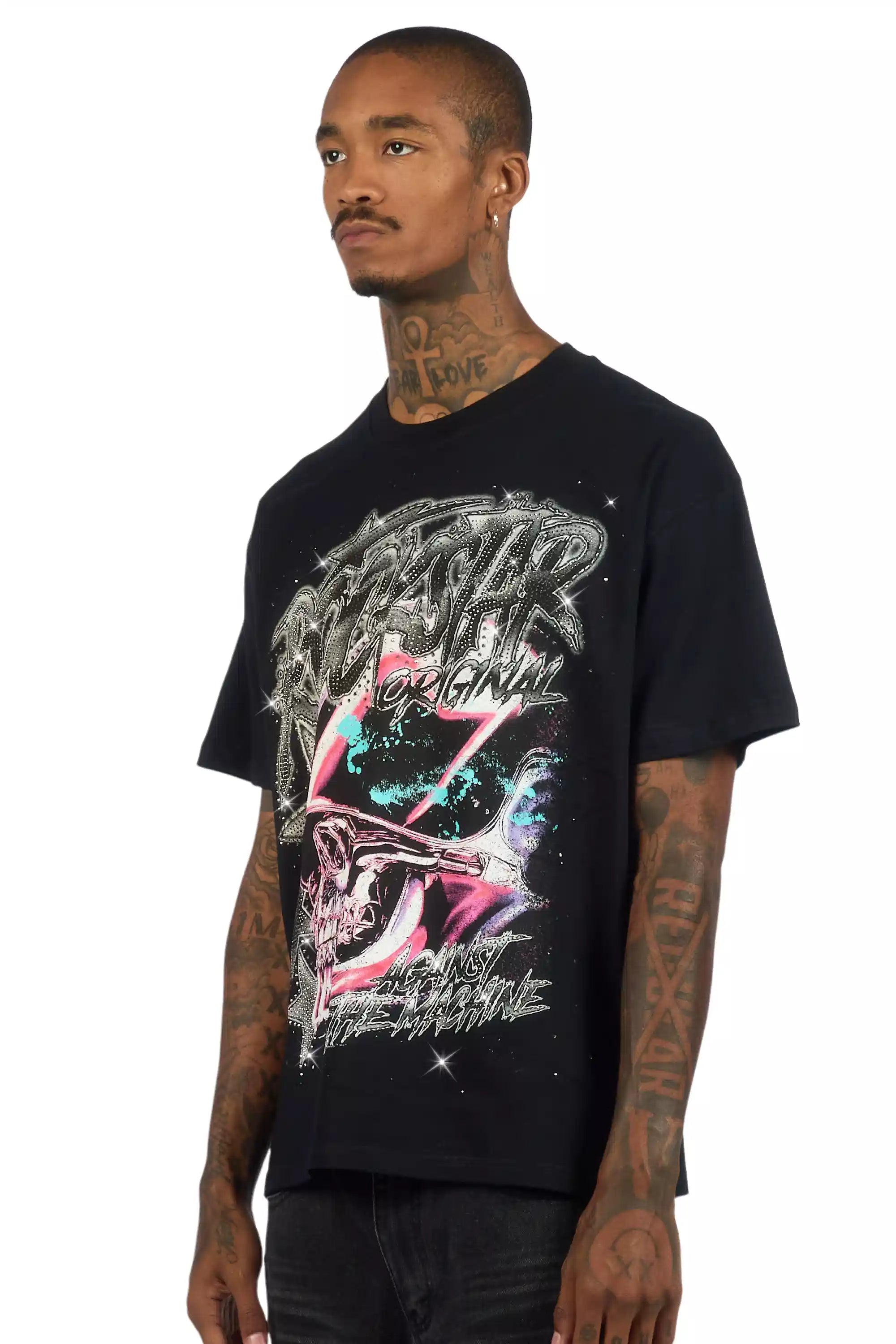Outerworld Black Graphic Rhinestone T-Shirt
