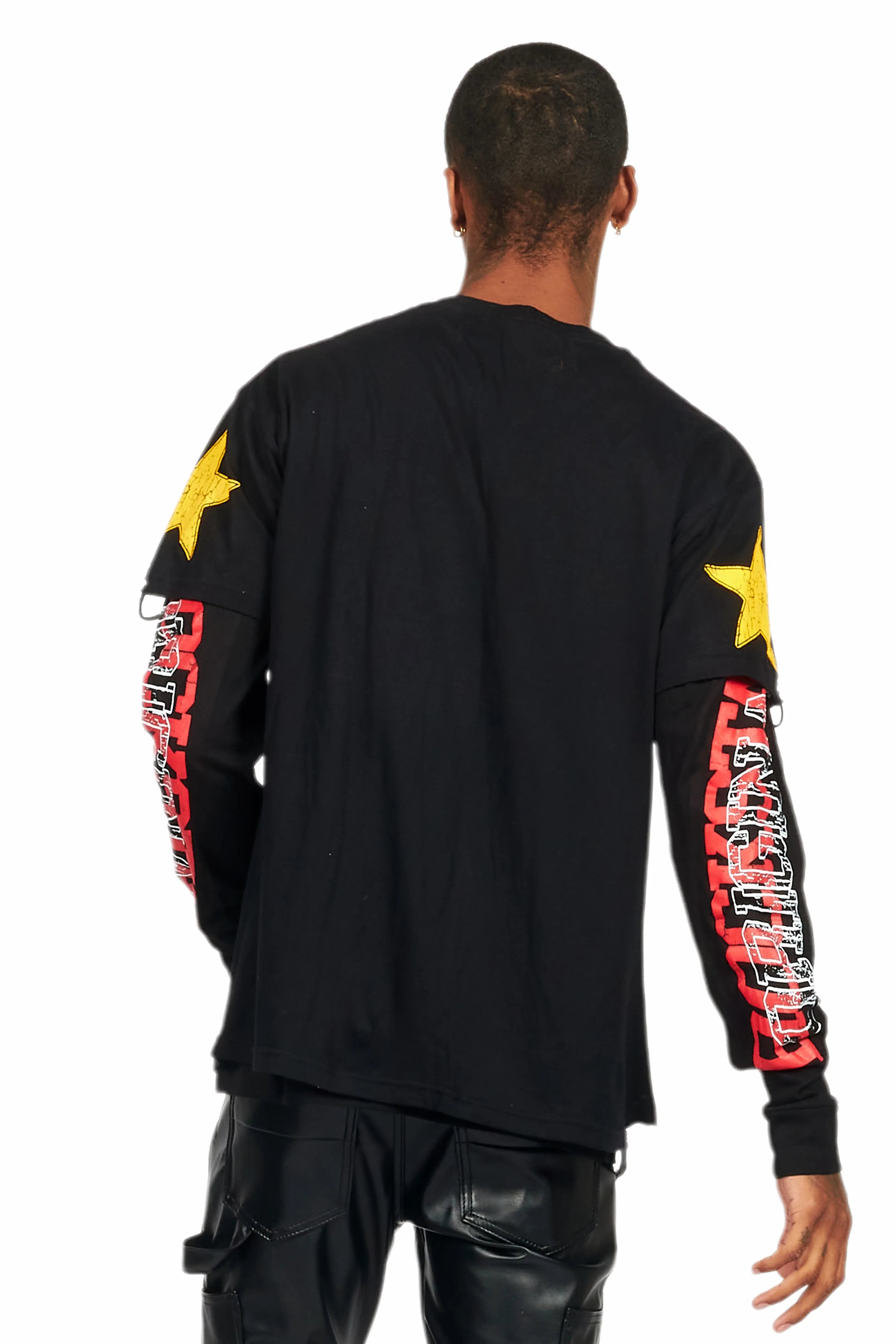 Santie Black Double Layer Long Sleeve Graphic T-Shirt