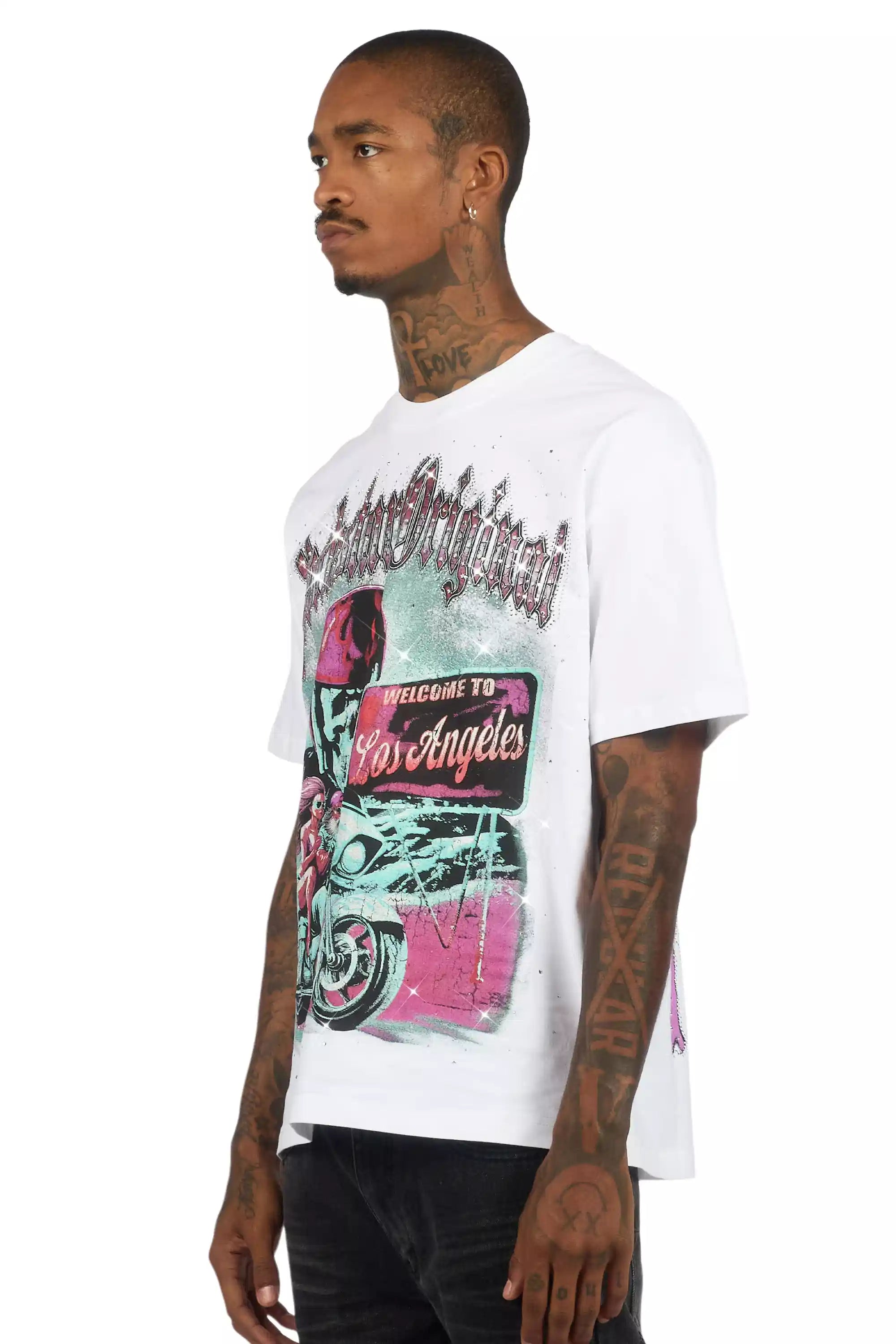 Reece White Graphic Rhinestone T-Shirt