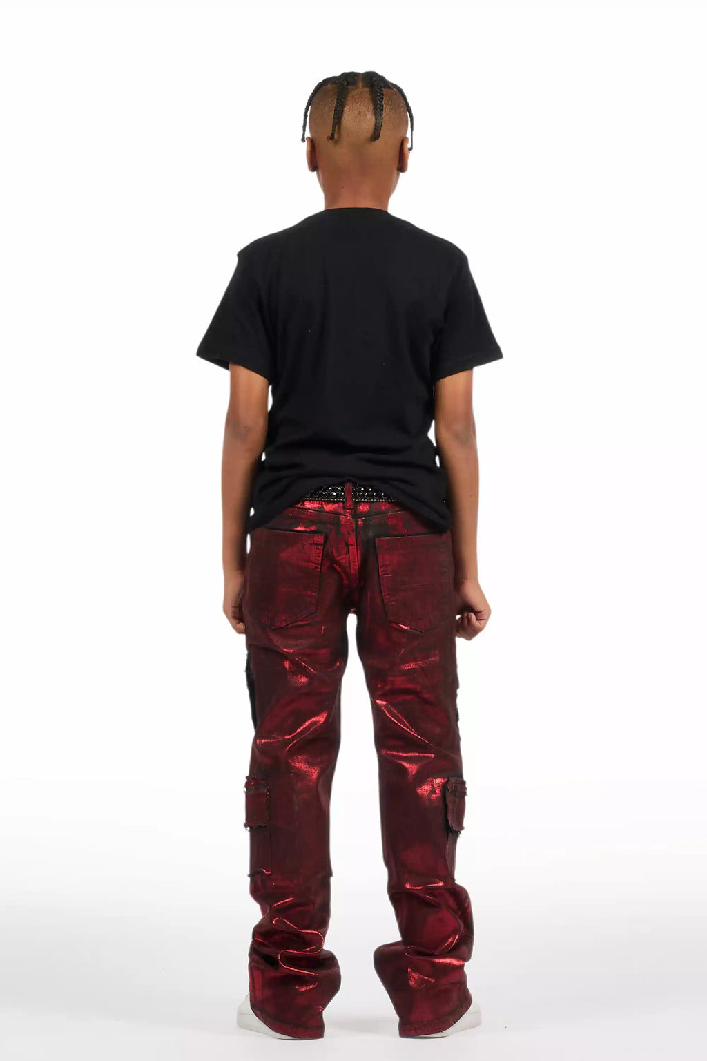 Boys Tyrell Red Metallic Coated Stacked Flare Jean
