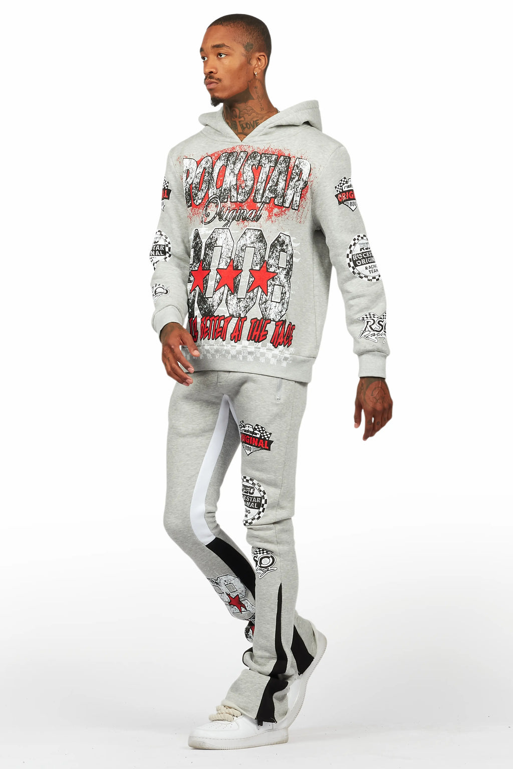 Racing Grung Heather Grey Hoodie/Stacked Flare Track Pant Set