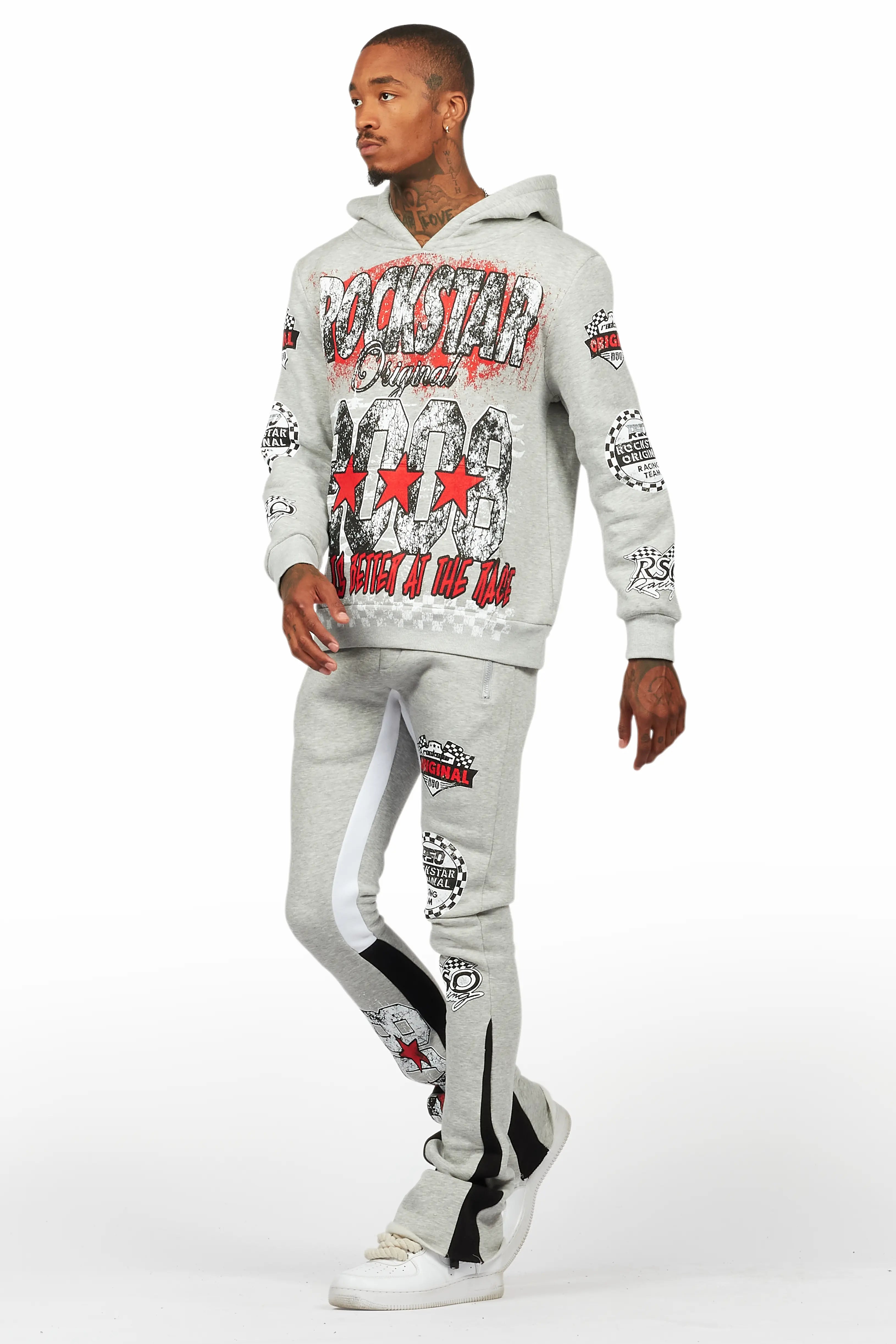 Racing Grung Heather Grey Hoodie/Stacked Flare Track Pant Set