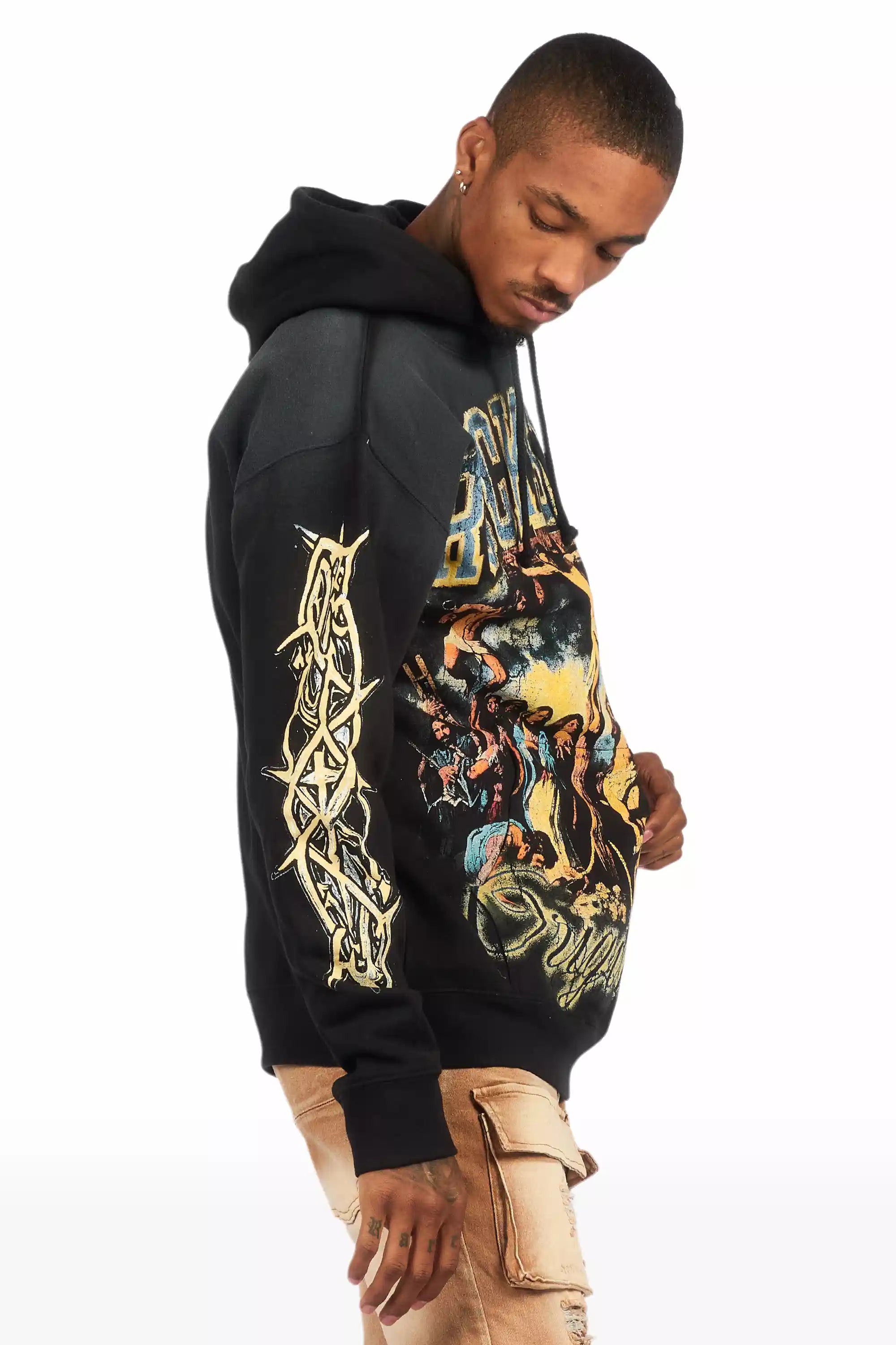 Waller Black Graphic Distressed Hoodie