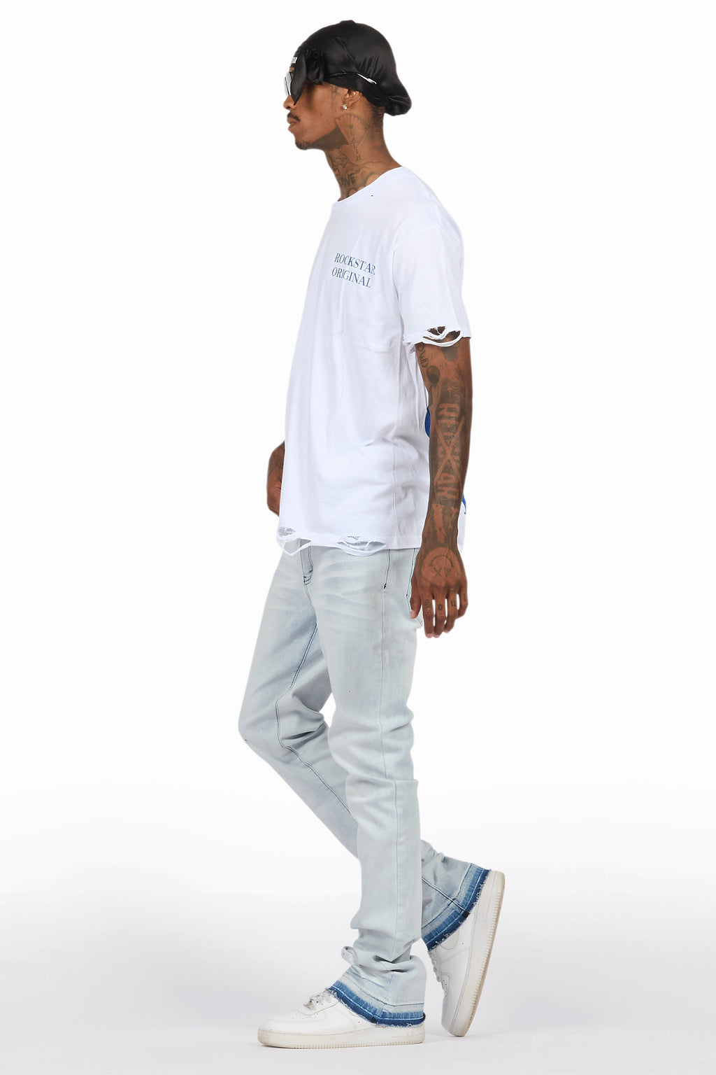 Drako White/Blue Oversized Graphic T-Shirt/Dag Stacked Flare Jean Set