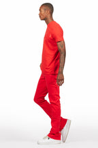Sana Red T-Shirt/Dag Stacked Flare Jean Set