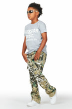 Boys Kyaire Grey/Tree Camo T-Shirt/Stacked Flare Jean Set