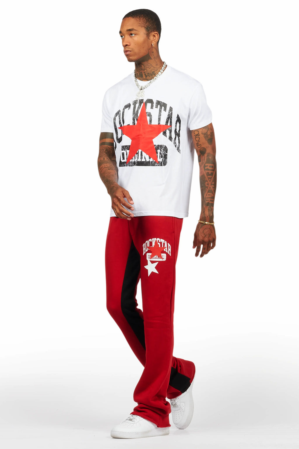 Mallor White/Burgundy T-Shirt/Stacked Baggy Track Pant Set