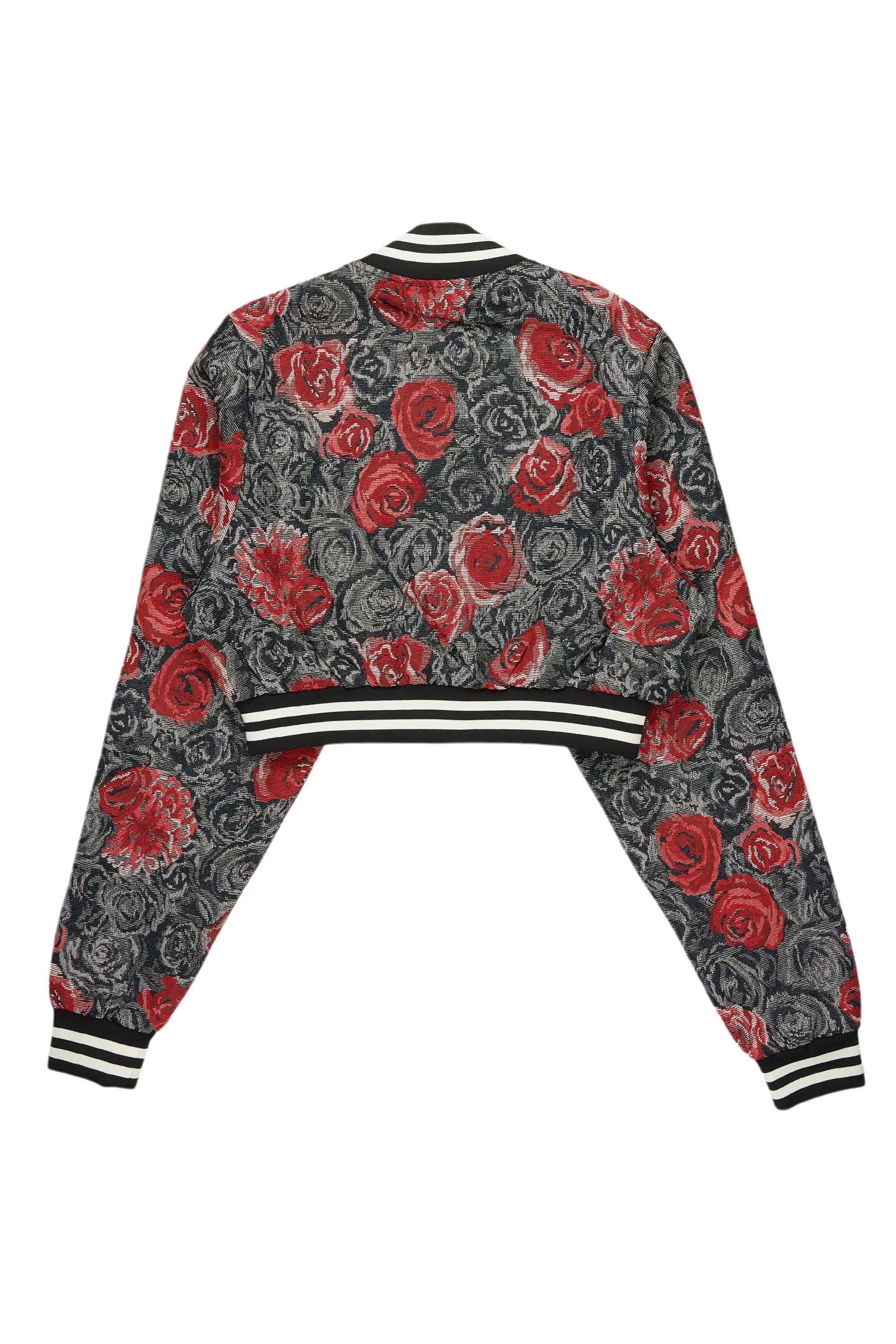 Darresha Black/Red Crop Tapestry Varsity Jacket
