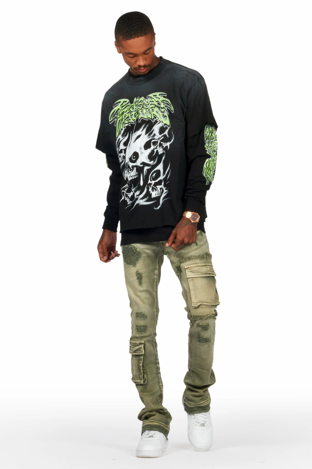 Zaxton Green Stacked Flare Jean