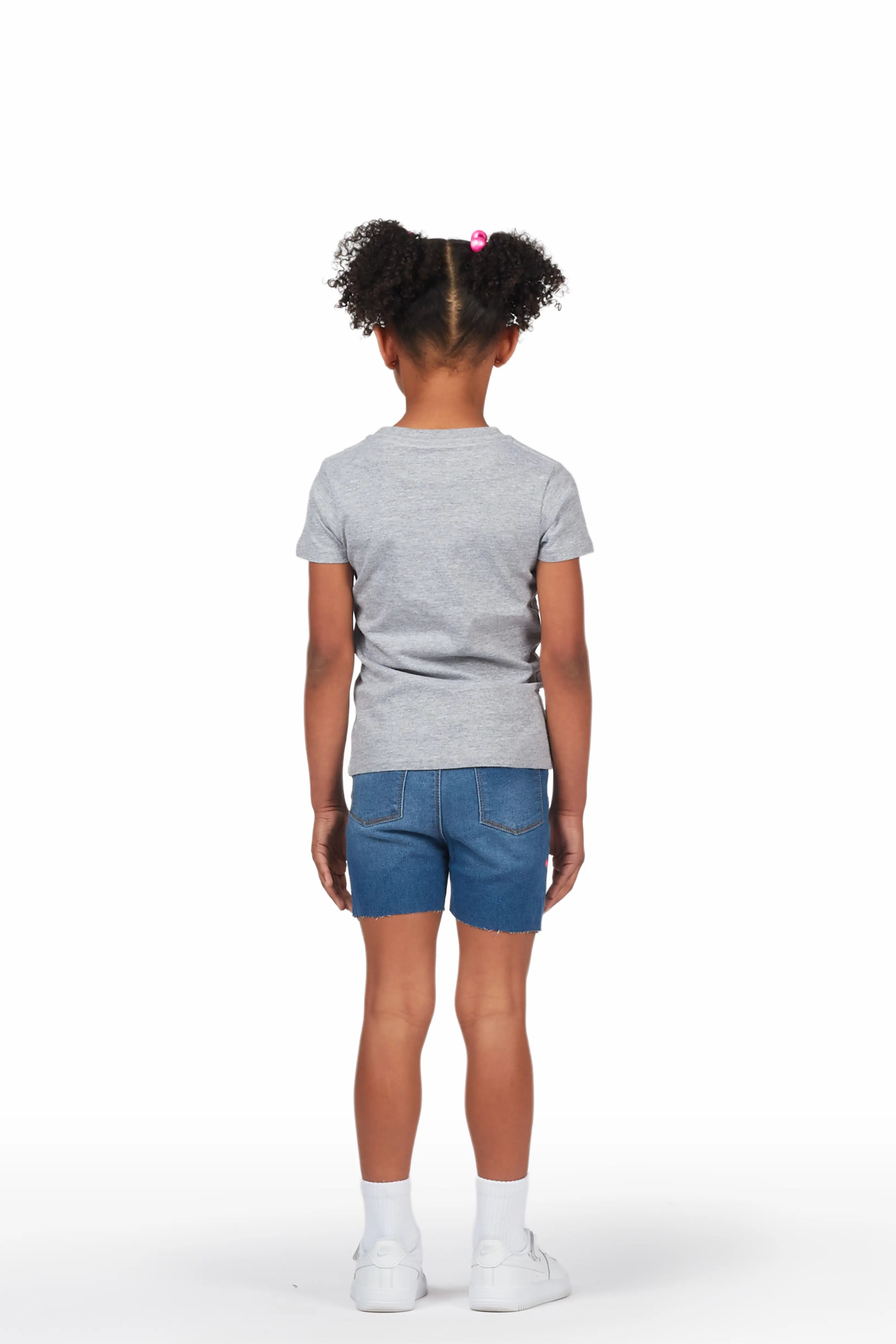 Girls Adrina Grey/Blue T-Shirt Denim Short Set