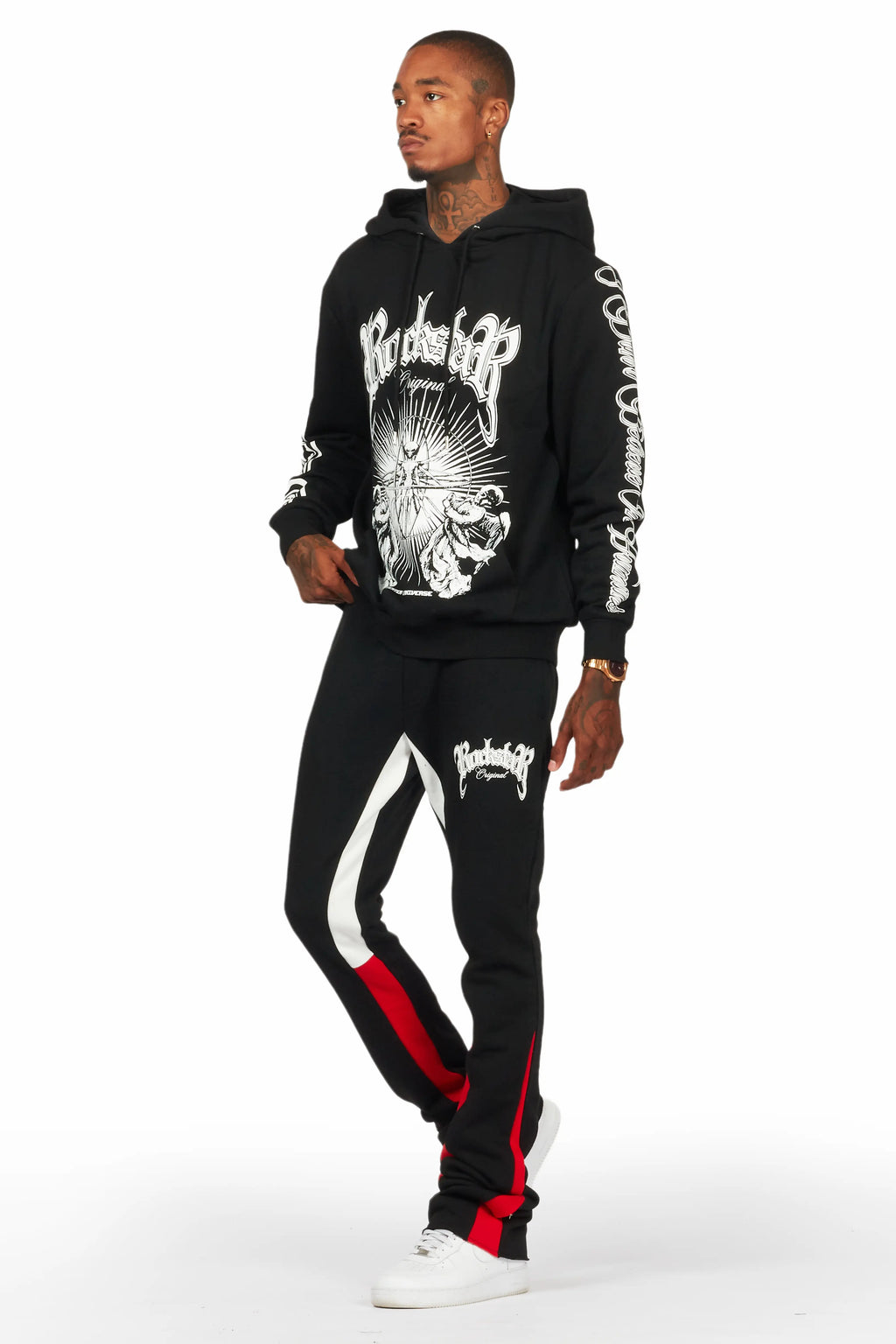 Yarden Black/Red Graphic Hoodie/Stacked Flare Pant Track Set