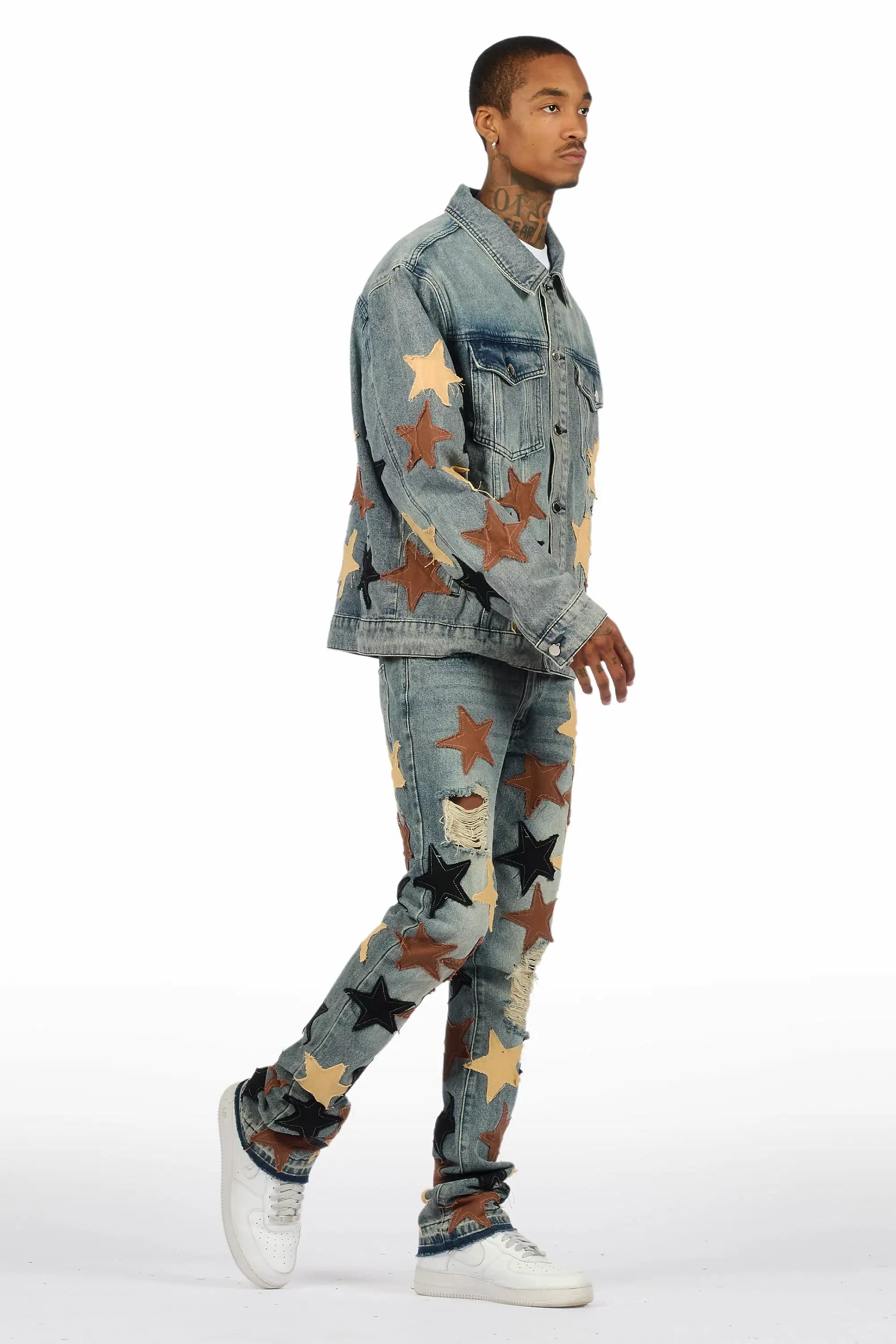 Starlane Vintage Blue Denim Jacket/Stacked Flare Jean Set