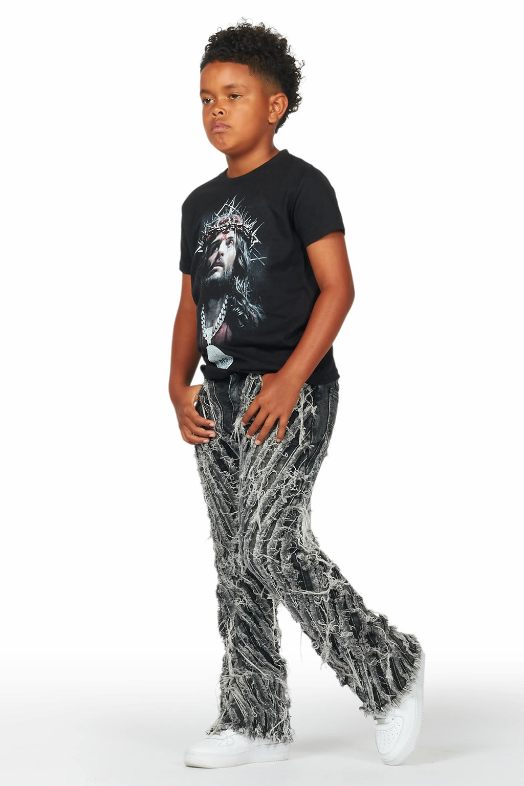 Boys Amina Black T-Shirt/Stack Flare Jean Set