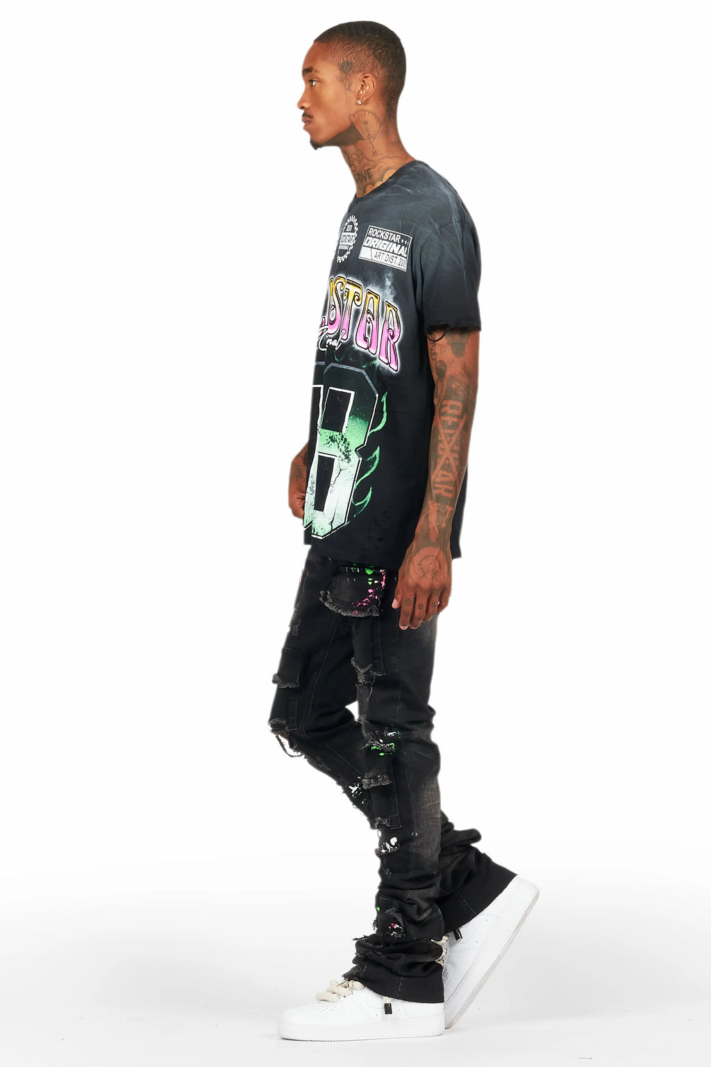 Quito Black Oversized T-Shirt/Super Stacked Flare Jean Bundle