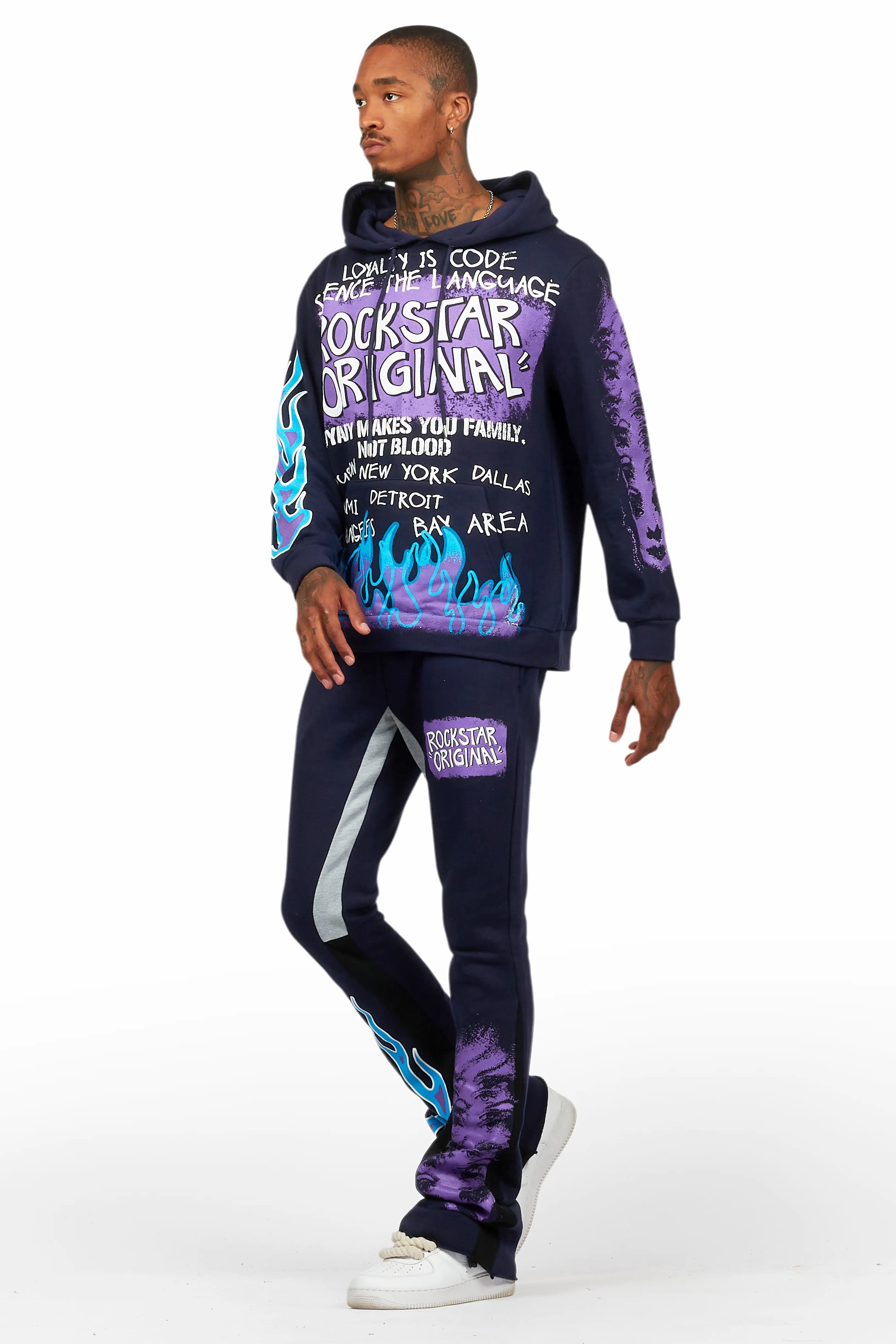 Beno Navy Stacked Flare Hoodie Track Set